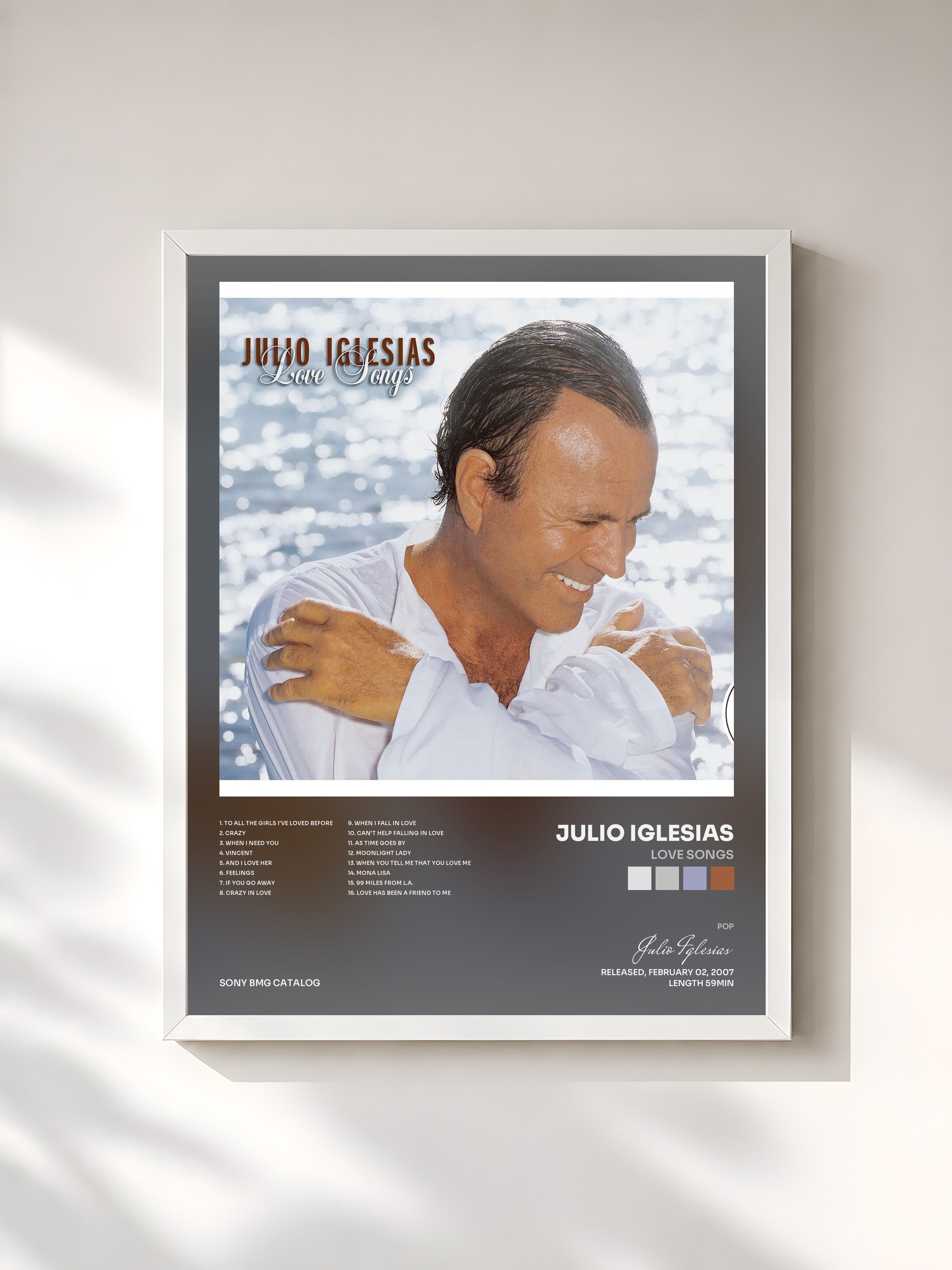 #blanc Tableau de l'album Love Songs de Julio Iglesias, cadre blanc, imprimé et encadré en France