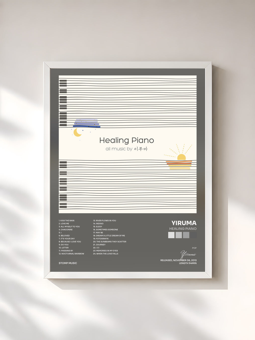 #blanc Tableau de l'album Healing Piano de Yiruma, cadre blanc, imprimé et encadré en France