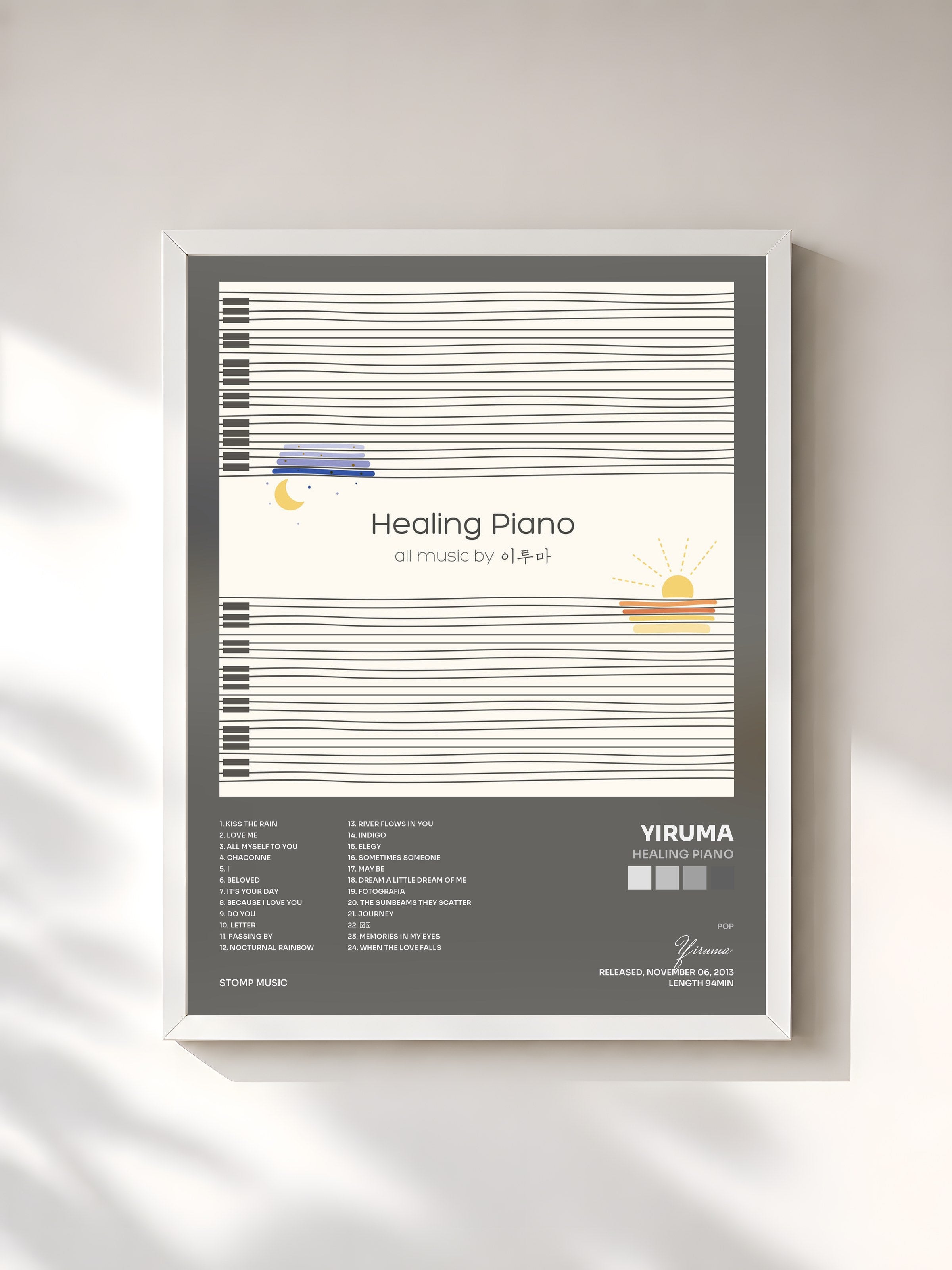 #blanc Tableau de l'album Healing Piano de Yiruma, cadre blanc, imprimé et encadré en France
