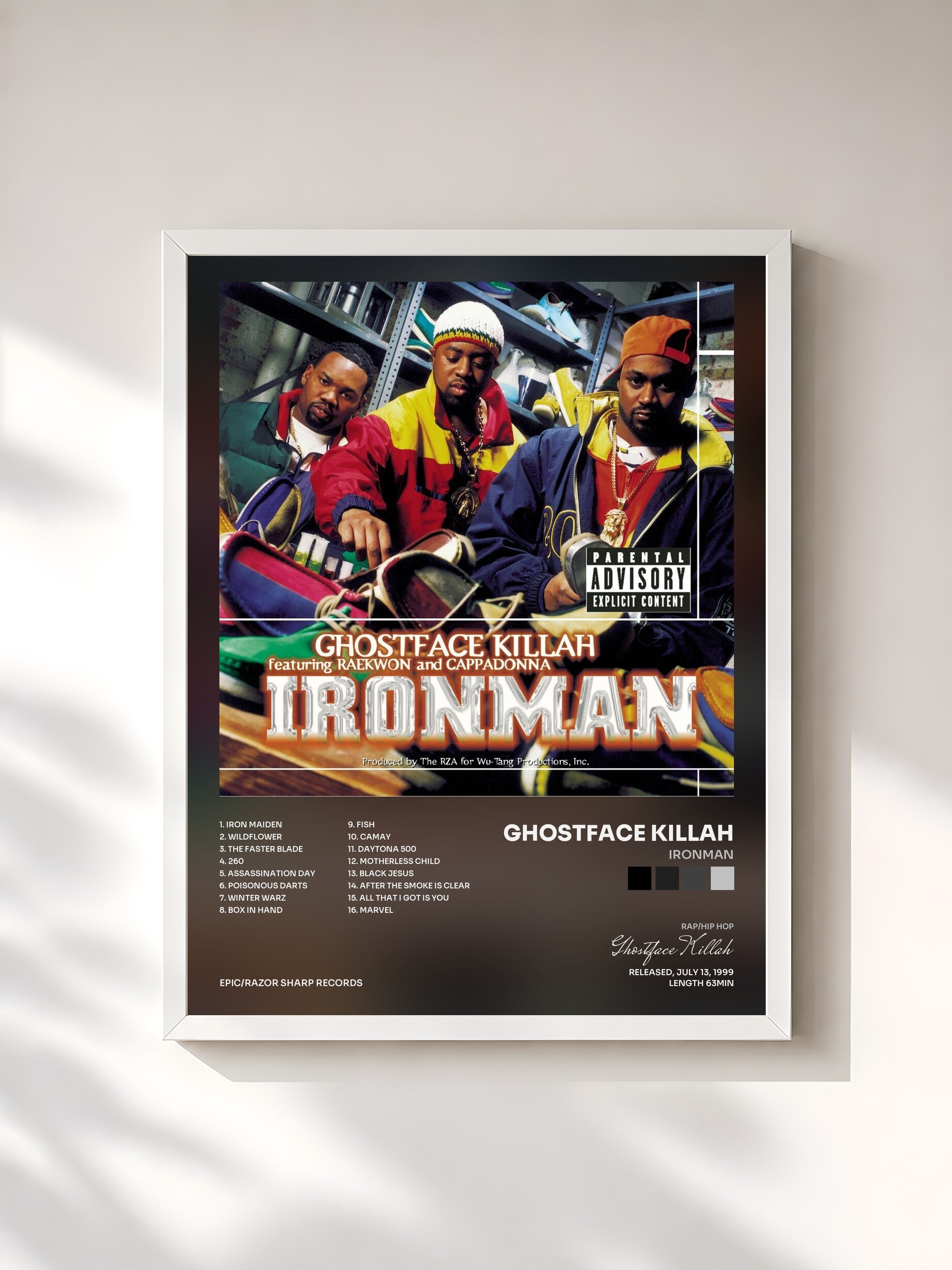 #blanc Tableau de l'album Ironman de Ghostface Killah, cadre blanc, imprimé et encadré en France