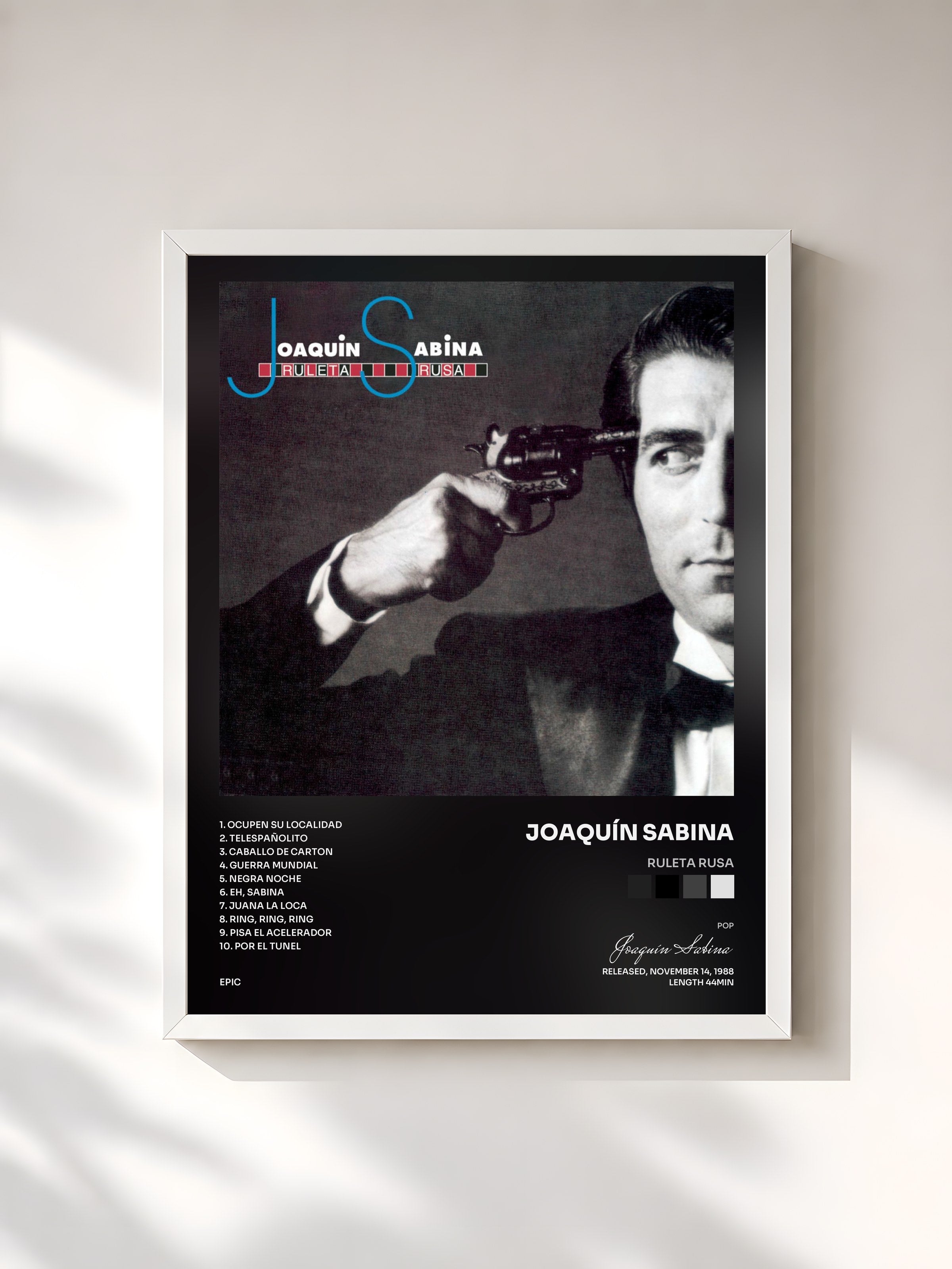 #blanc Tableau de l'album Ruleta Rusa de Joaquín Sabina, cadre blanc, imprimé et encadré en France