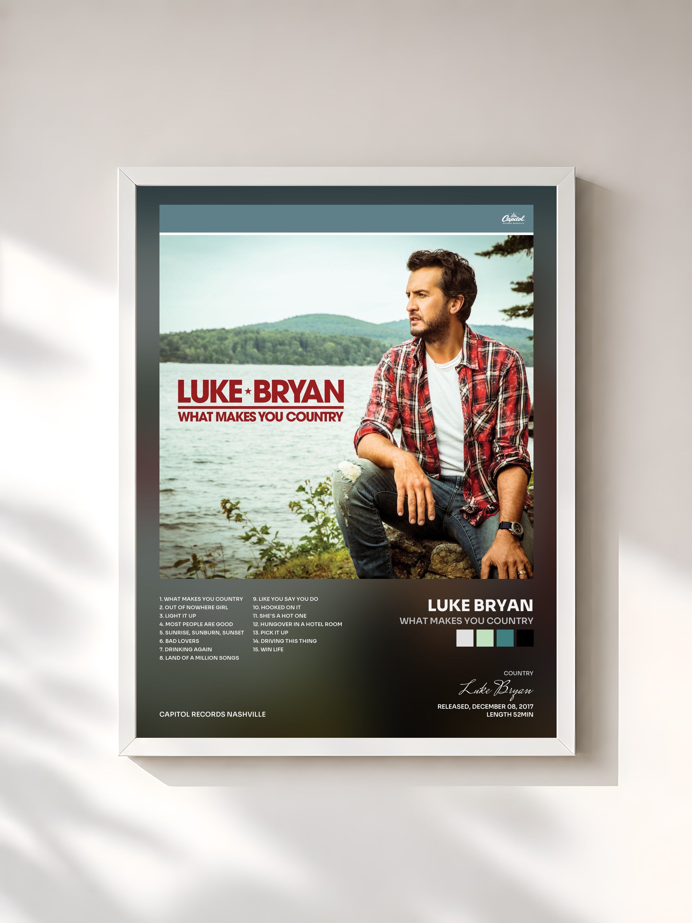 #blanc Tableau de l'album What Makes You Country de Luke Bryan, cadre blanc, imprimé et encadré en France
