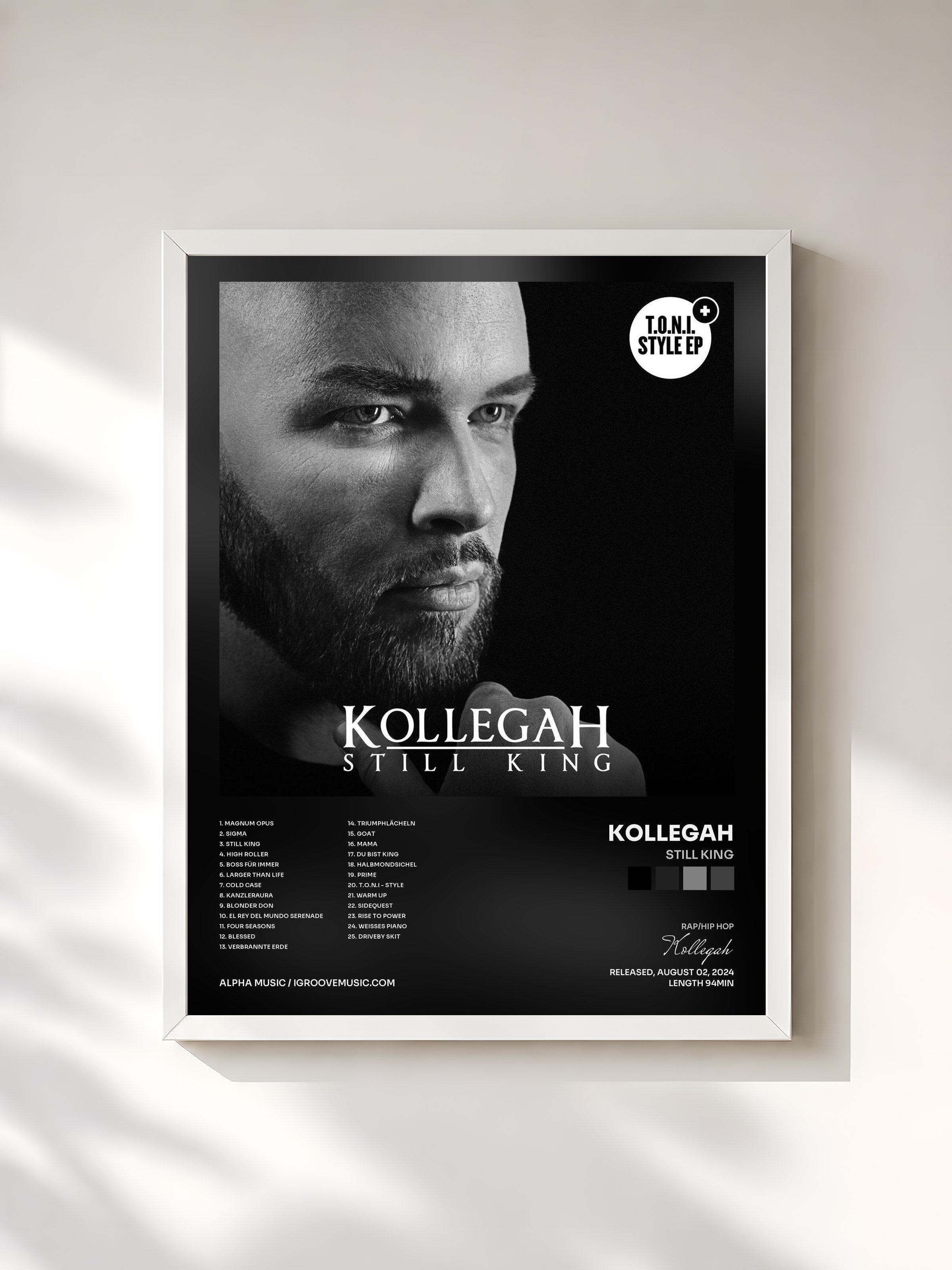 #blanc Tableau de l'album Still King de Kollegah, cadre blanc, imprimé et encadré en France