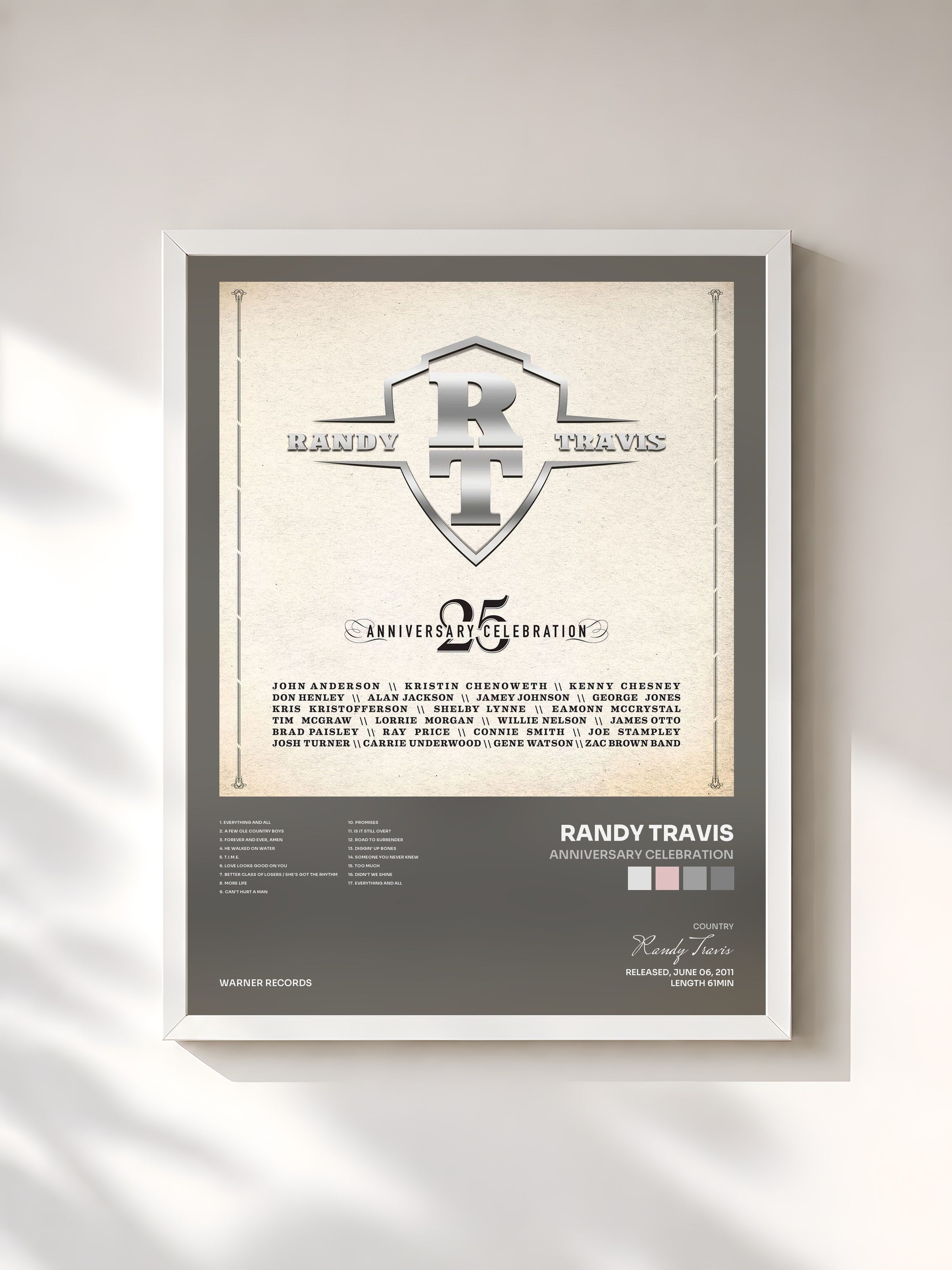 #blanc Tableau de l'album Anniversary Celebration de Randy Travis, cadre blanc, imprimé et encadré en France
