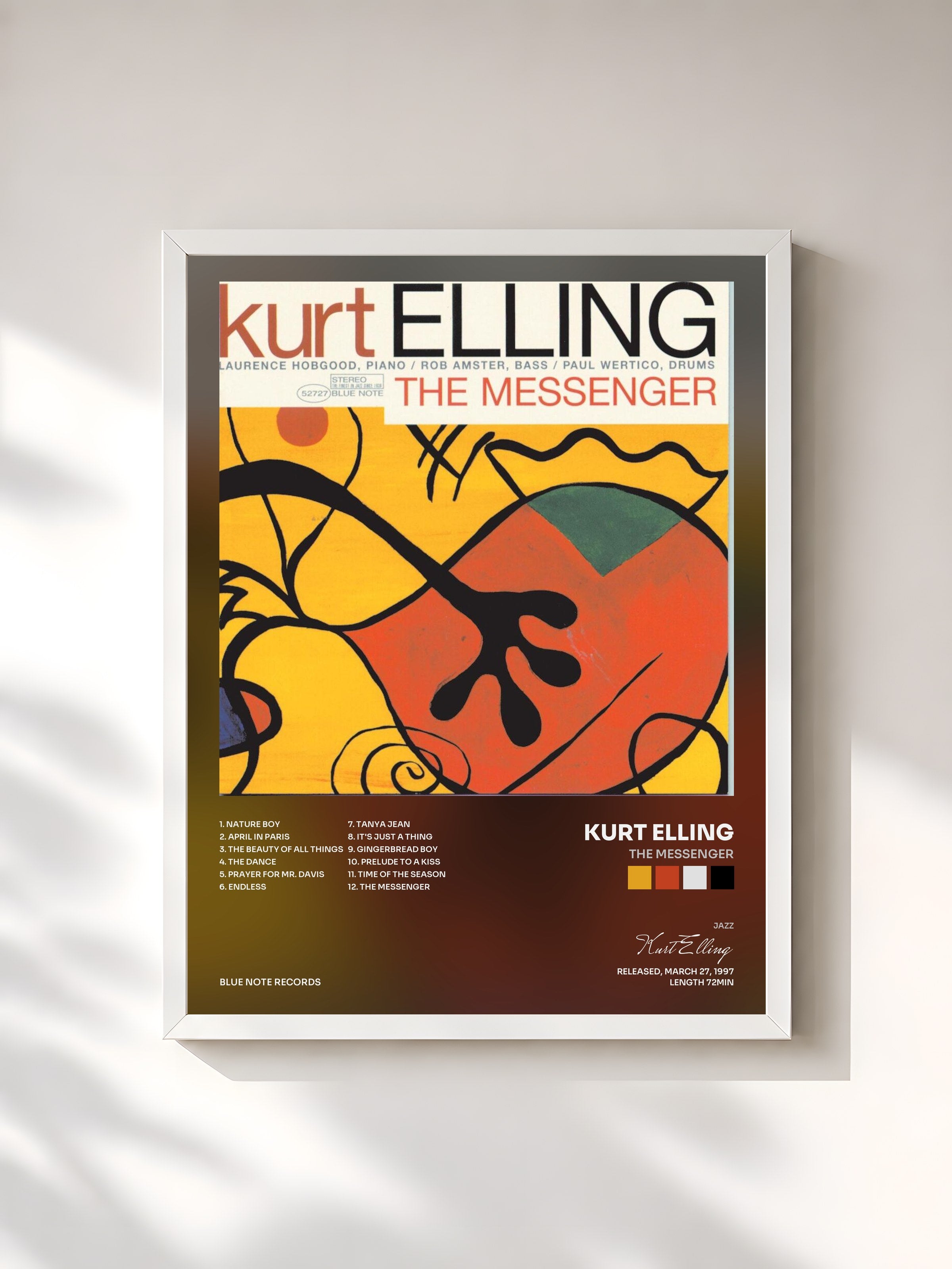 #blanc Tableau de l'album The Messenger de Kurt Elling, cadre blanc, imprimé et encadré en France