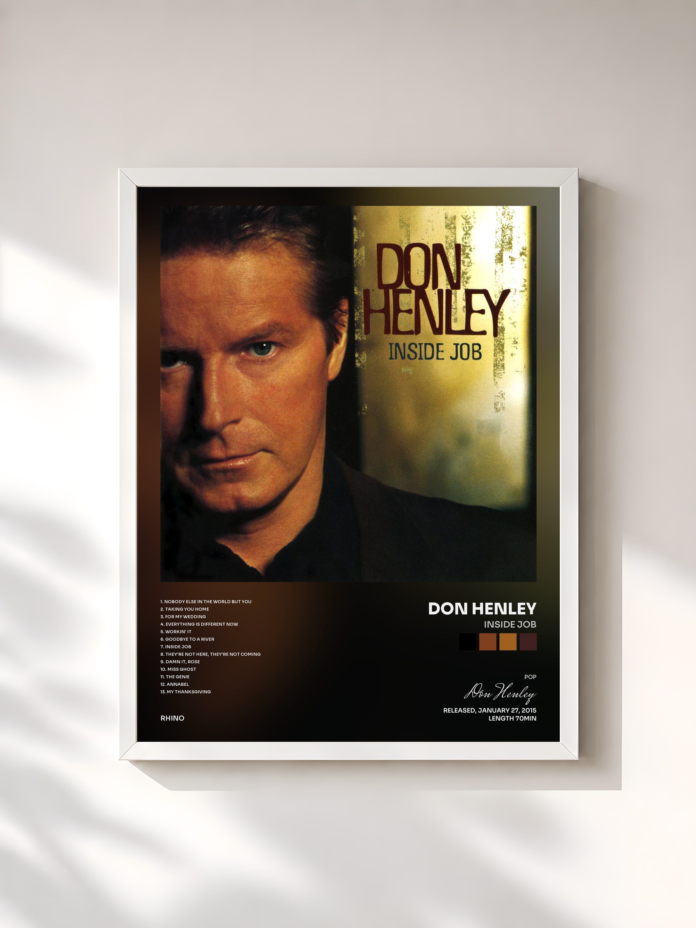 #blanc Tableau de l'album Inside Job de Don Henley, cadre blanc, imprimé et encadré en France