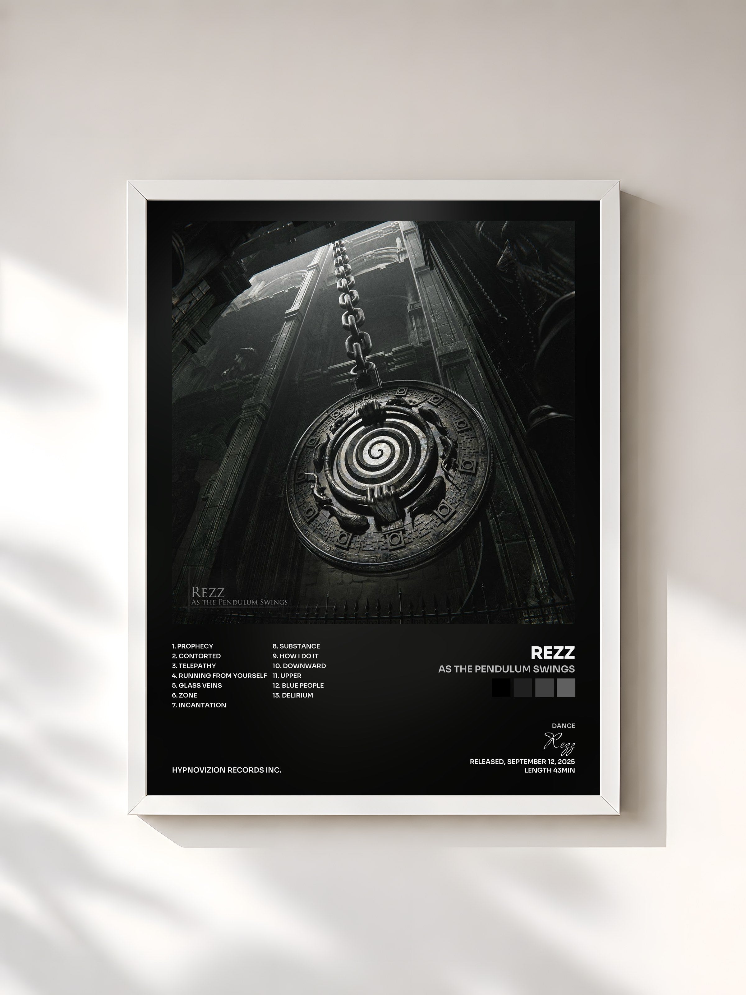 #blanc Tableau de l'album As The Pendulum Swings de Rezz, cadre blanc, imprimé et encadré en France