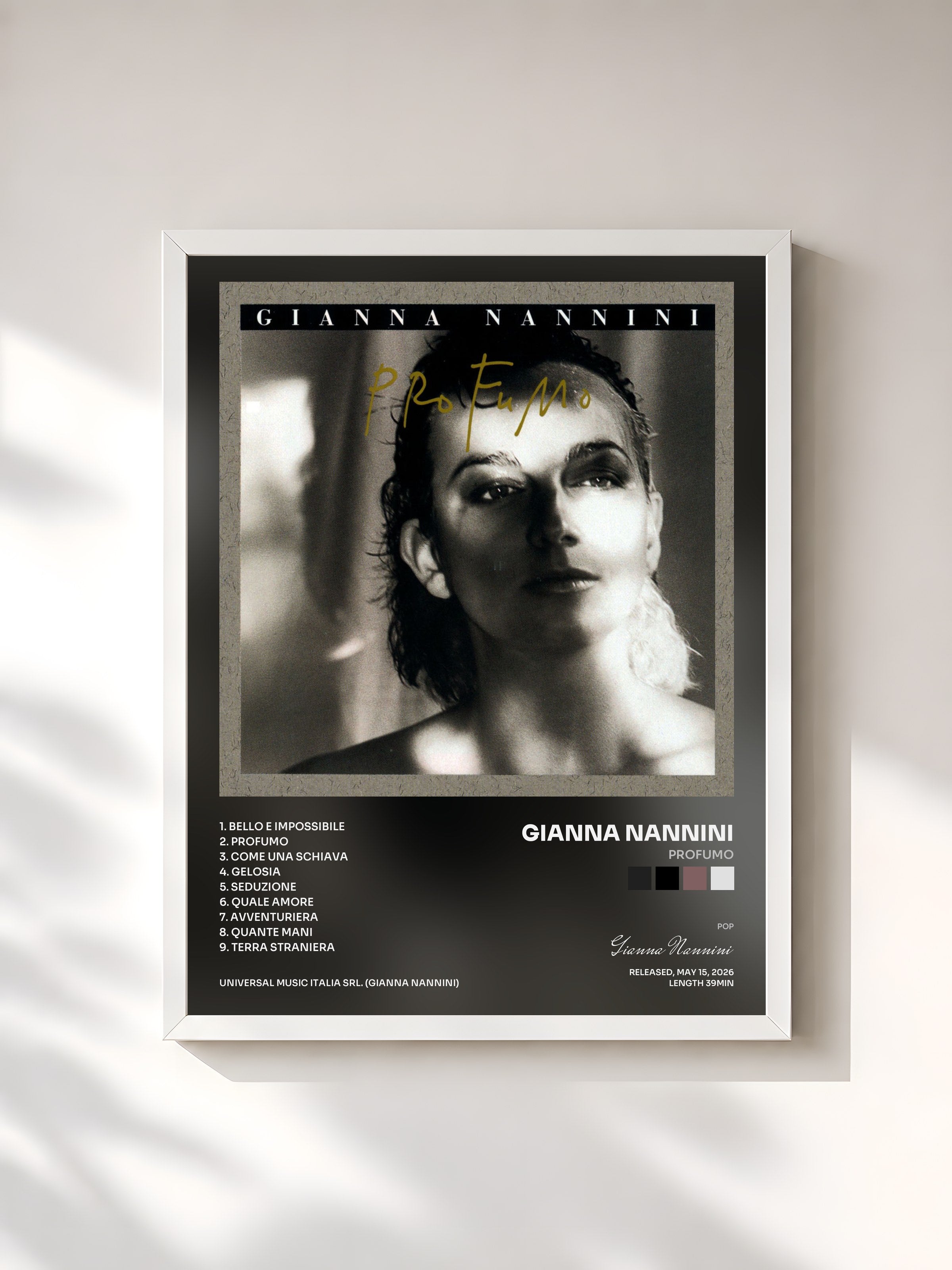#blanc Tableau de l'album Profumo de Gianna Nannini, cadre blanc, imprimé et encadré en France