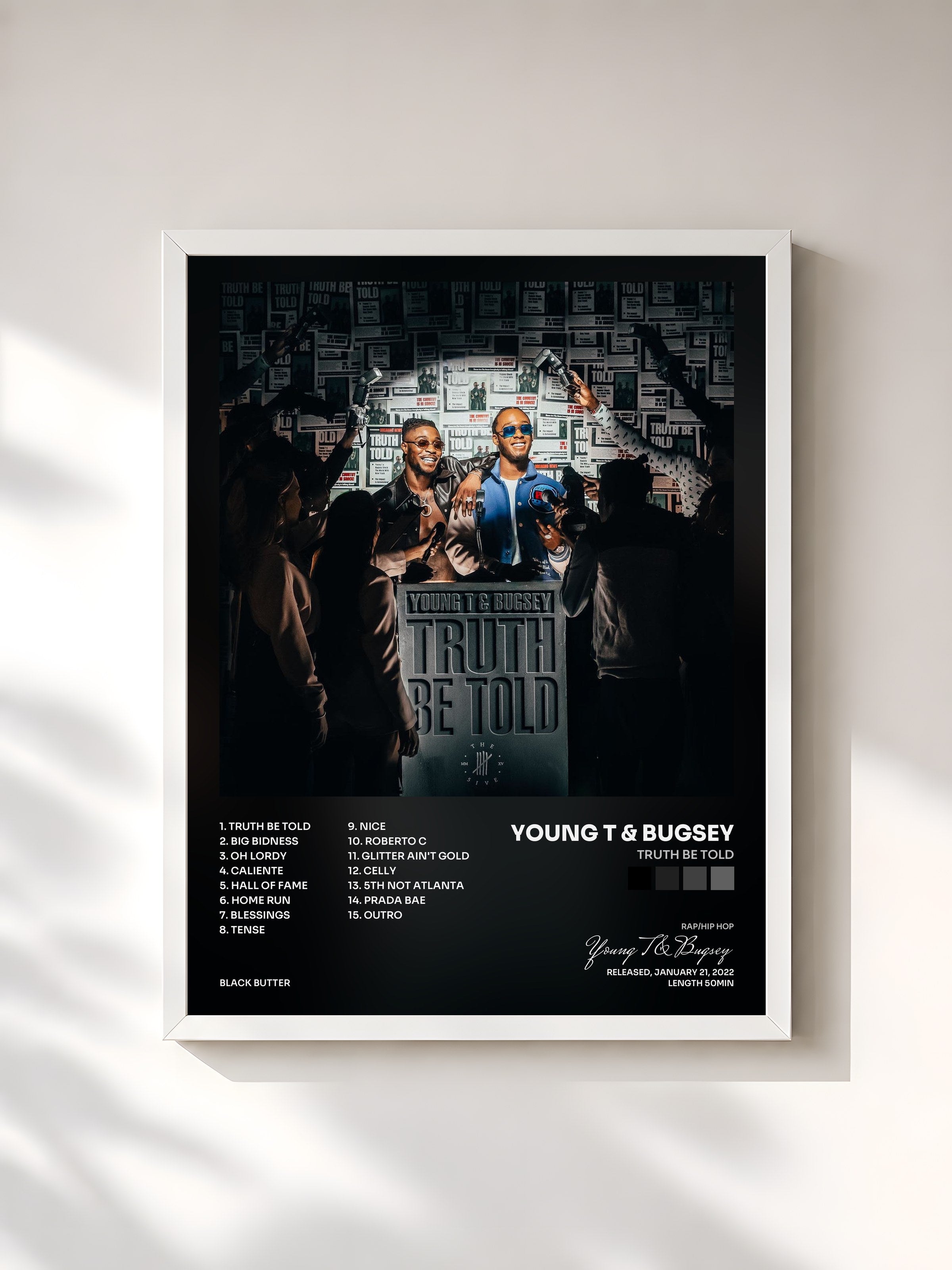 #blanc Tableau de l'album Truth Be Told de Young T & Bugsey, cadre blanc, imprimé et encadré en France