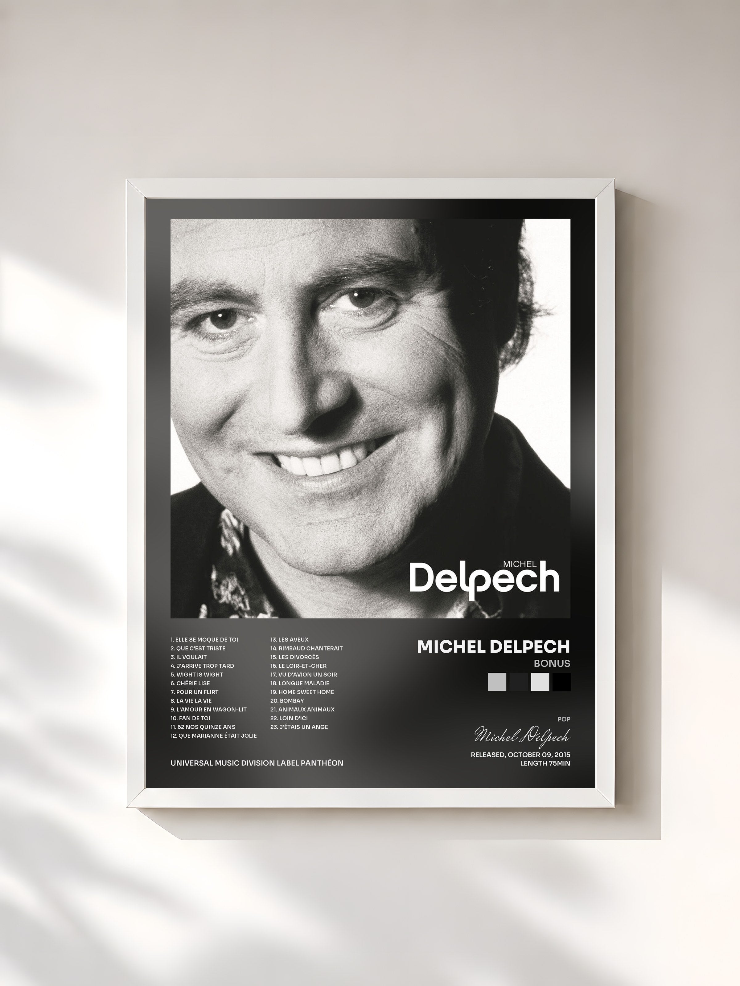 #blanc Tableau de l'album Bonus de Michel Delpech, cadre blanc, imprimé et encadré en France