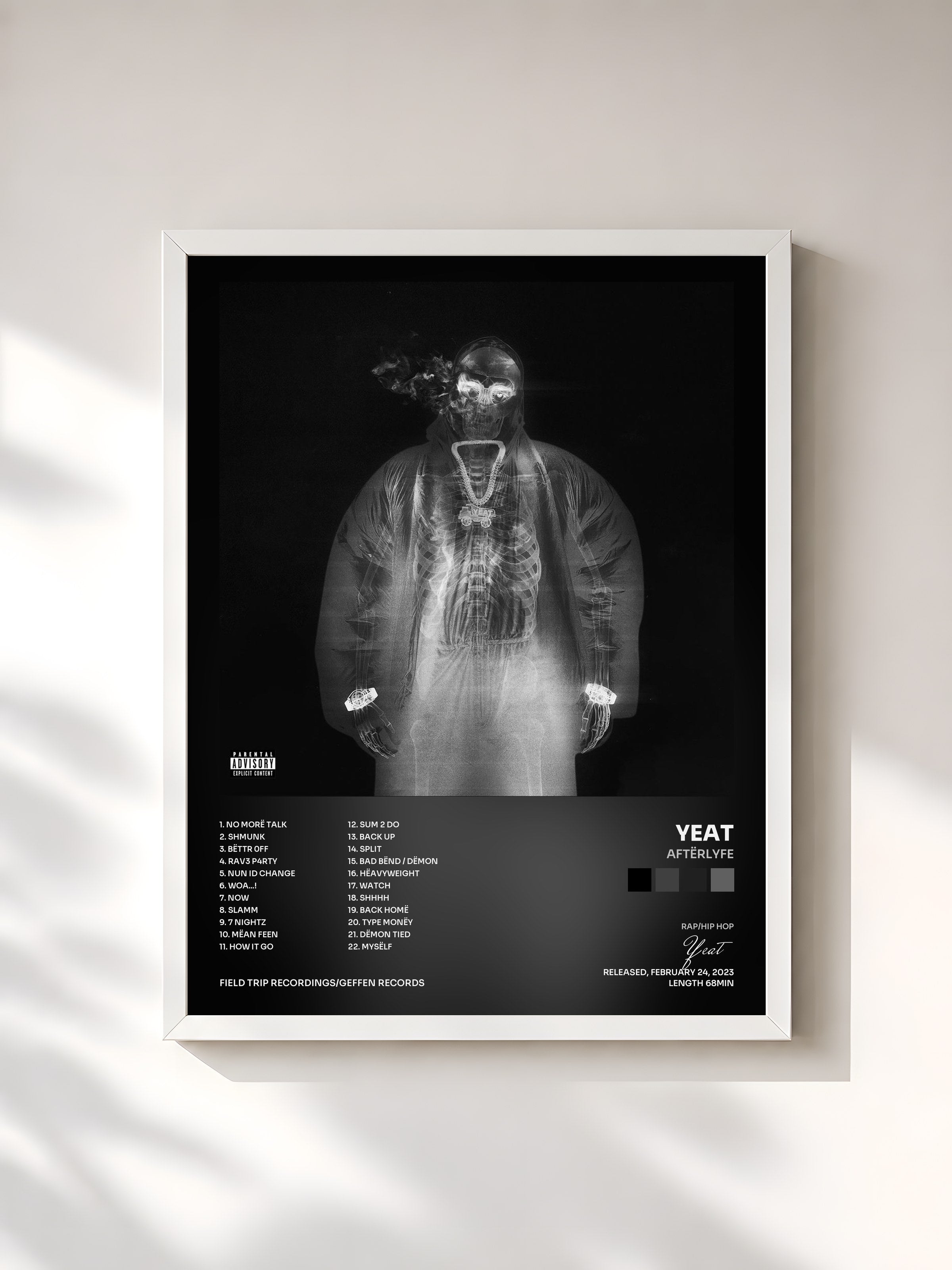 #blanc Tableau de l'album AftërLyfe de Yeat, cadre blanc, imprimé et encadré en France