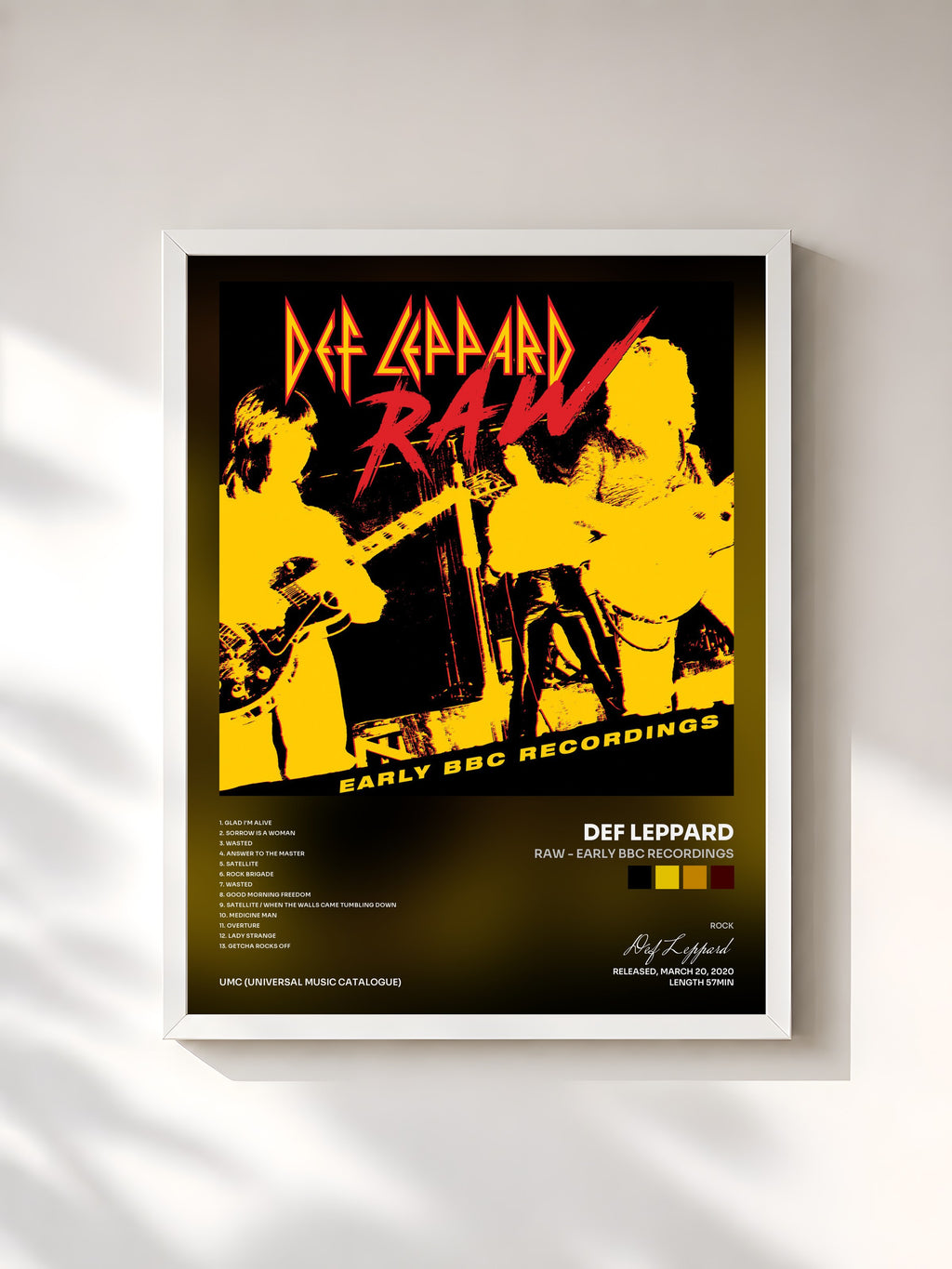 #blanc Tableau de l'album Raw - Early BBC Recordings de Def Leppard, cadre blanc, imprimé et encadré en France