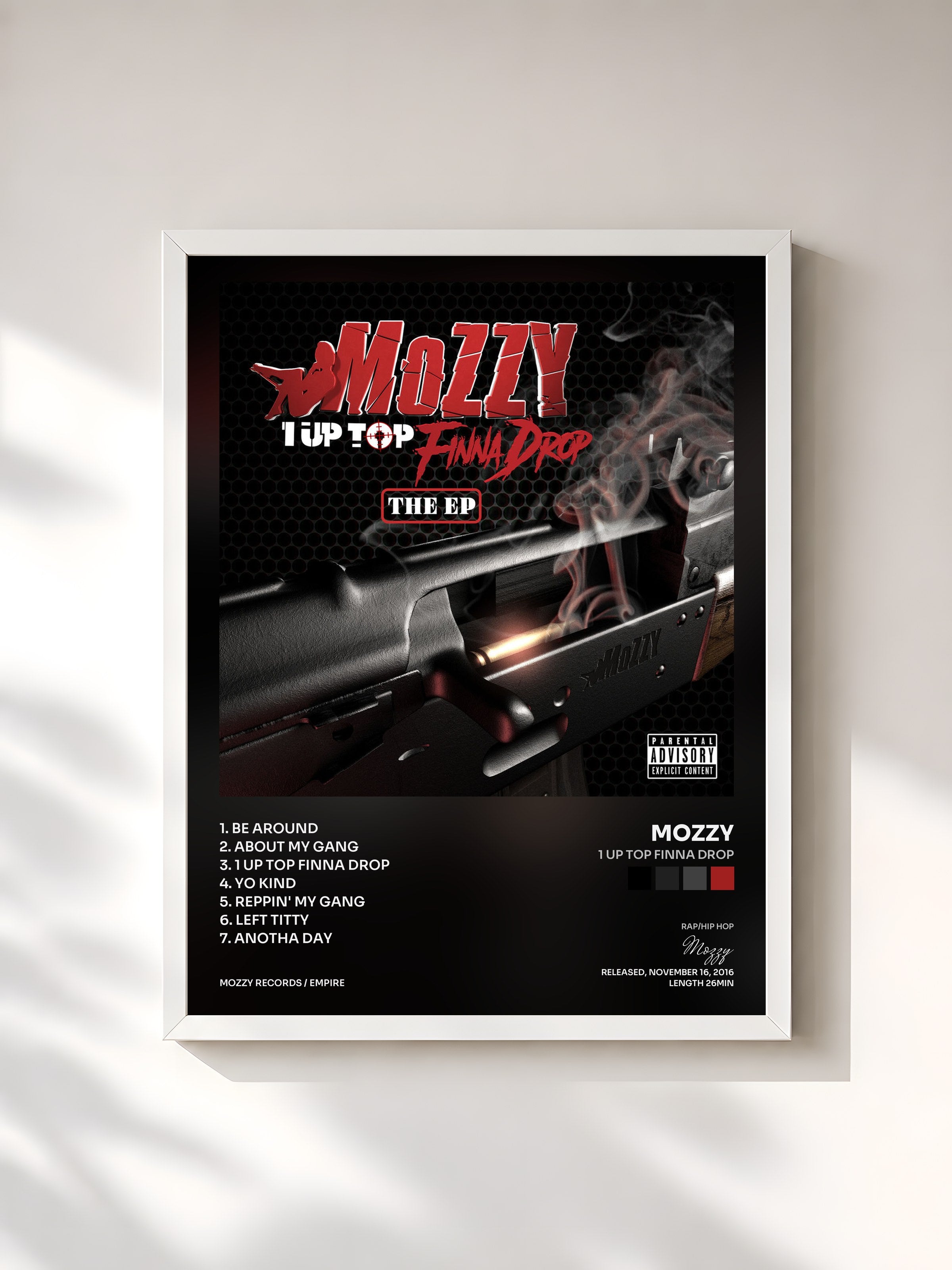 #blanc Tableau de l'album 1 Up Top Finna Drop de Mozzy, cadre blanc, imprimé et encadré en France