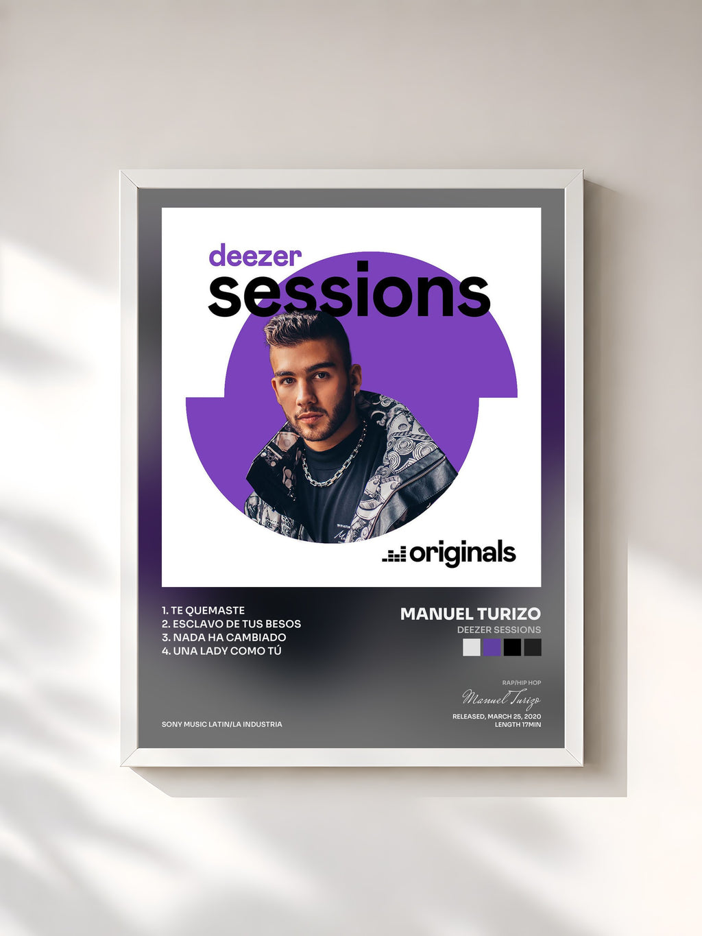 #blanc Tableau de l'album Deezer Sessions de Manuel Turizo, cadre blanc, imprimé et encadré en France