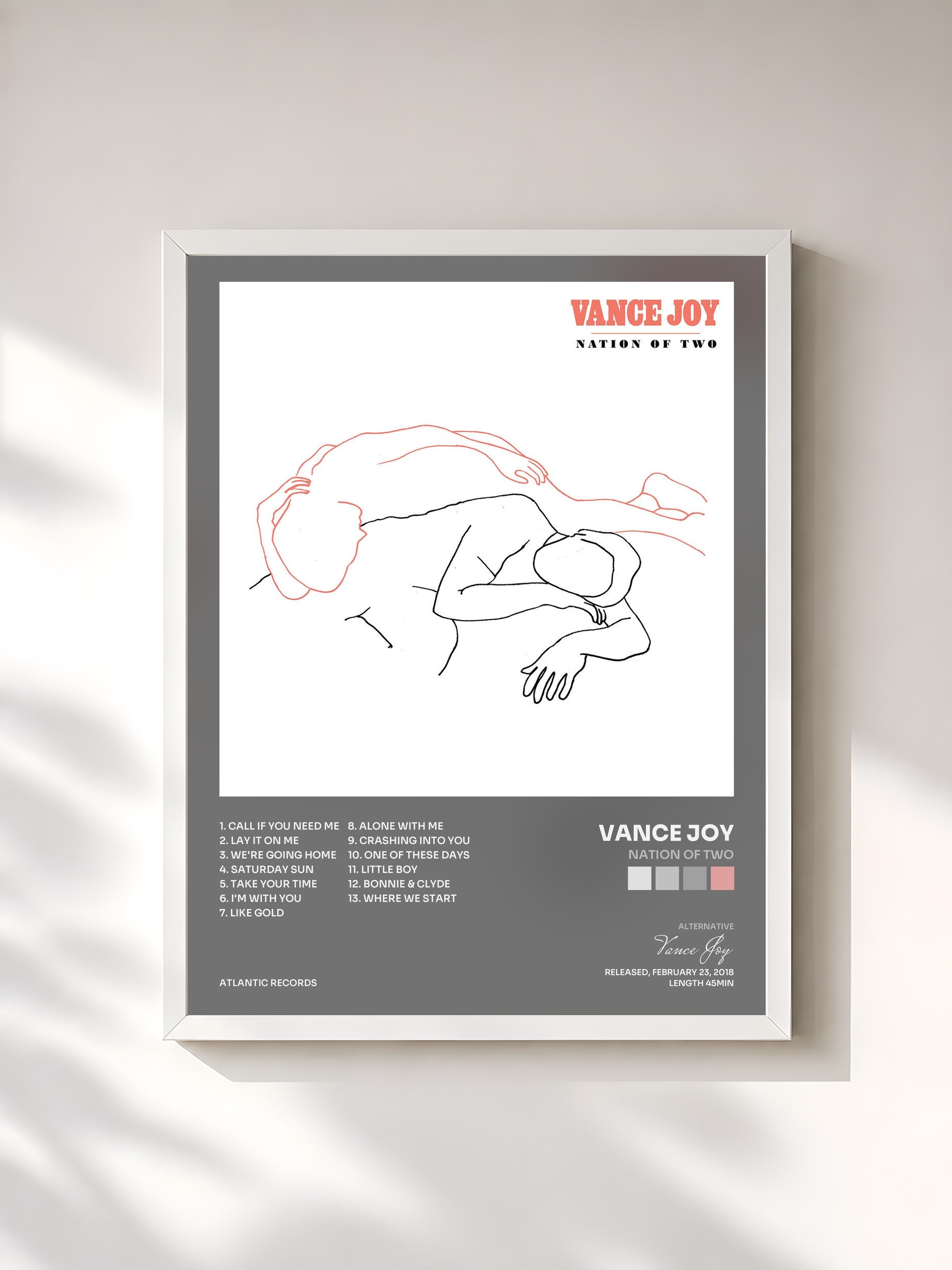 #blanc Tableau de l'album Nation of Two de Vance Joy, cadre blanc, imprimé et encadré en France