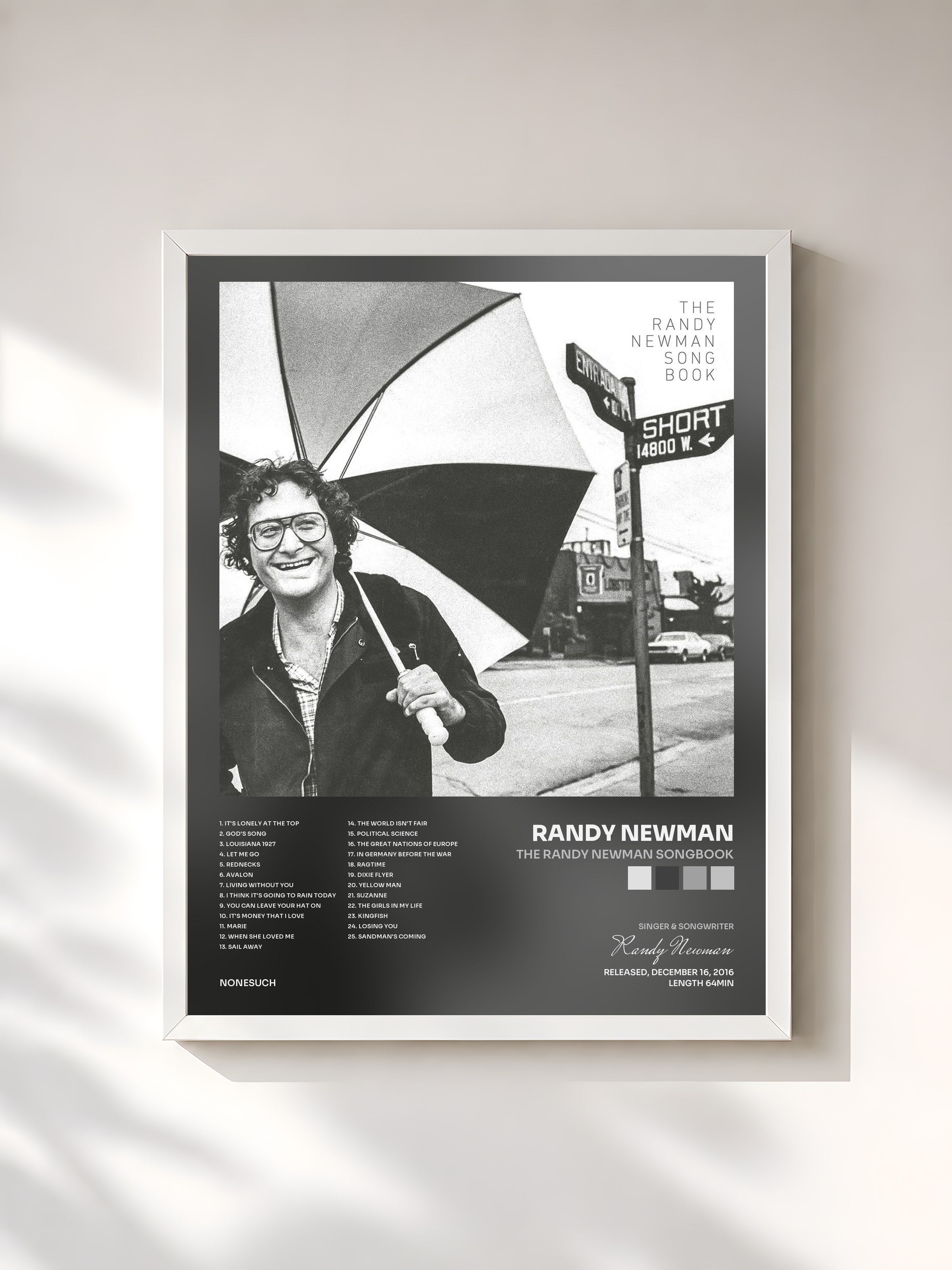 #blanc Tableau de l'album The Randy Newman Songbook de Randy Newman, cadre blanc, imprimé et encadré en France