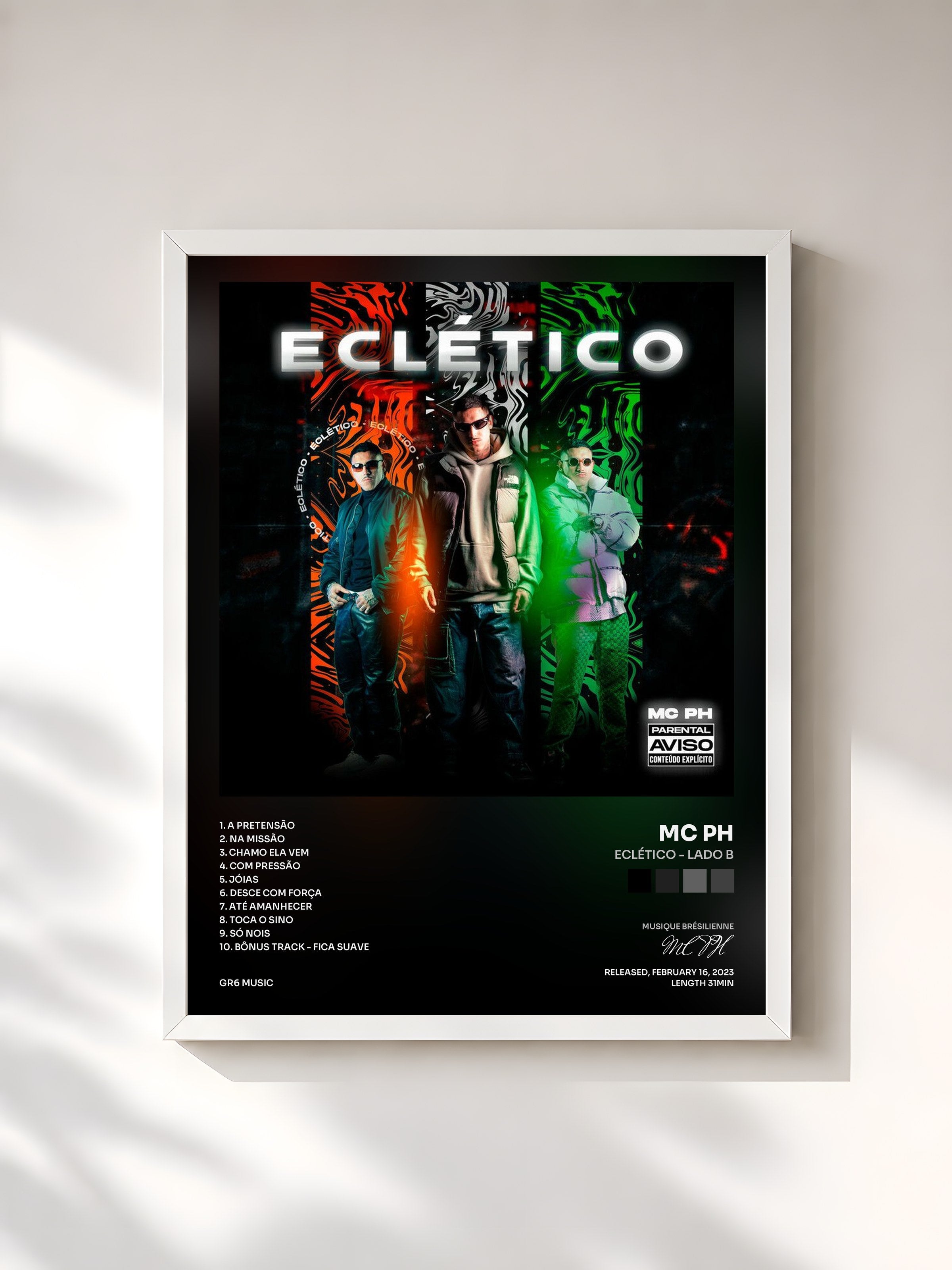 #blanc Tableau de l'album ECLÉTICO - LADO B de MC PH, cadre blanc, imprimé et encadré en France