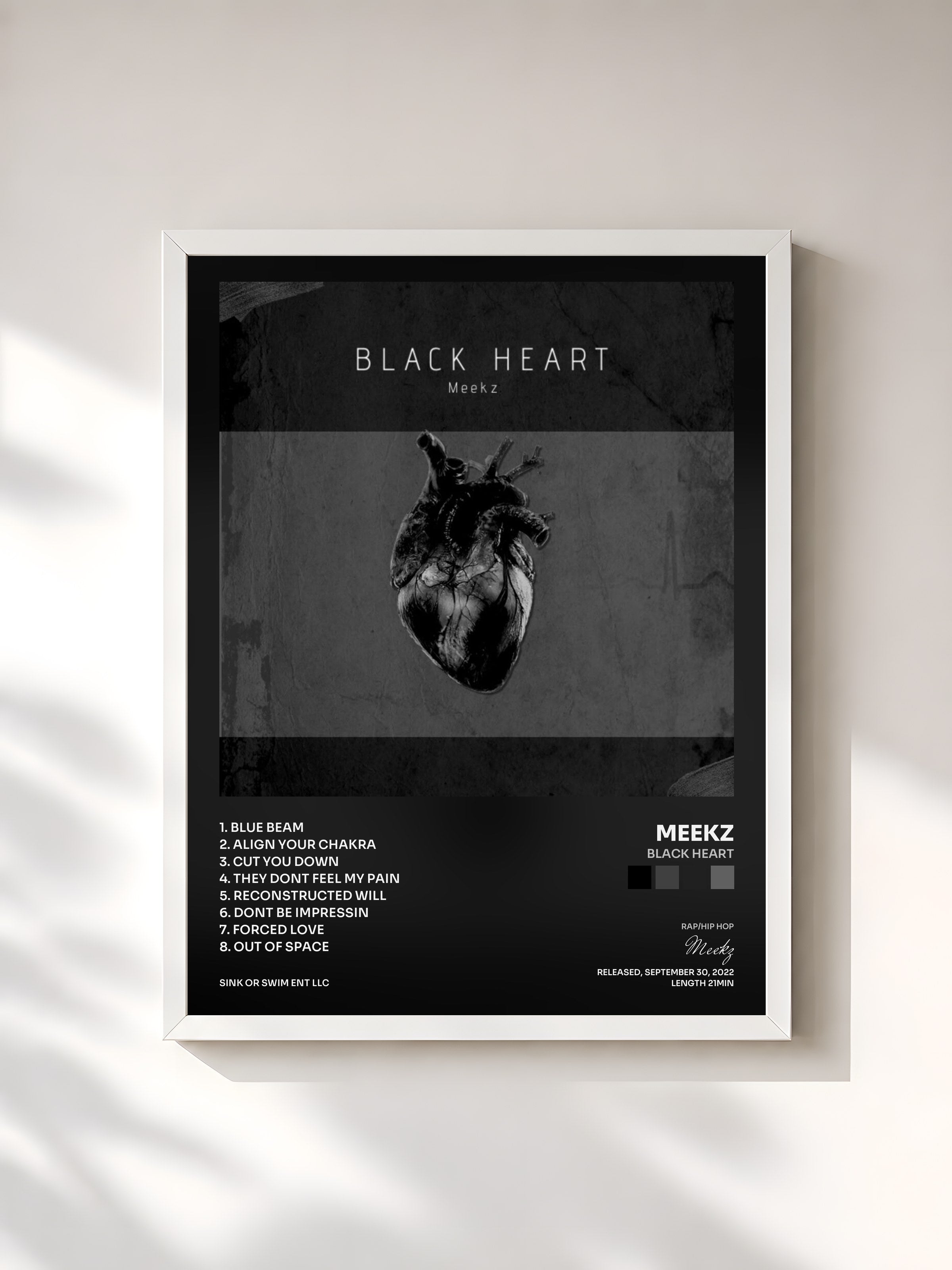 #blanc Tableau de l'album Black Heart de Meekz, cadre blanc, imprimé et encadré en France