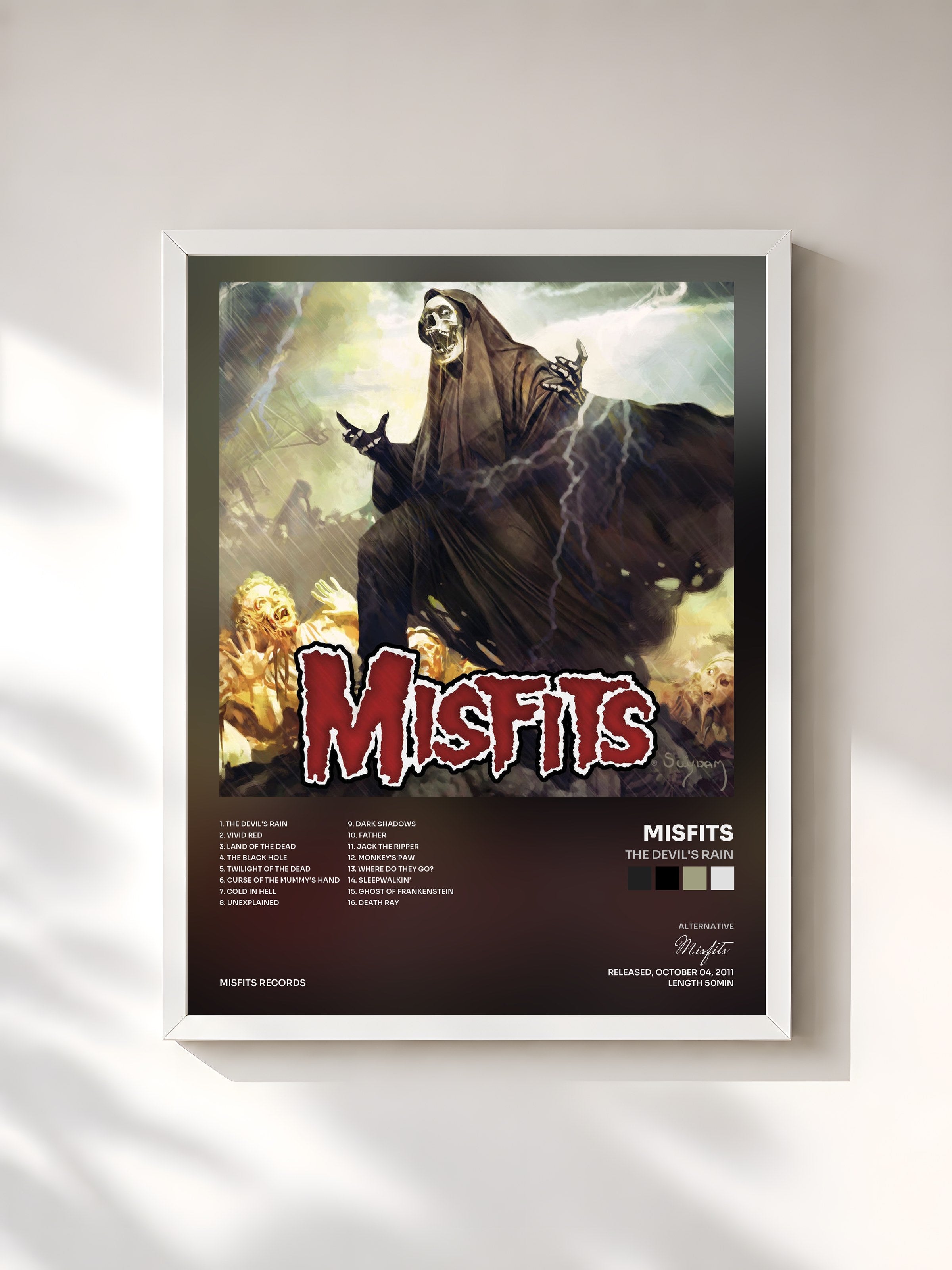 #blanc Tableau de l'album The Devil's Rain de Misfits, cadre blanc, imprimé et encadré en France