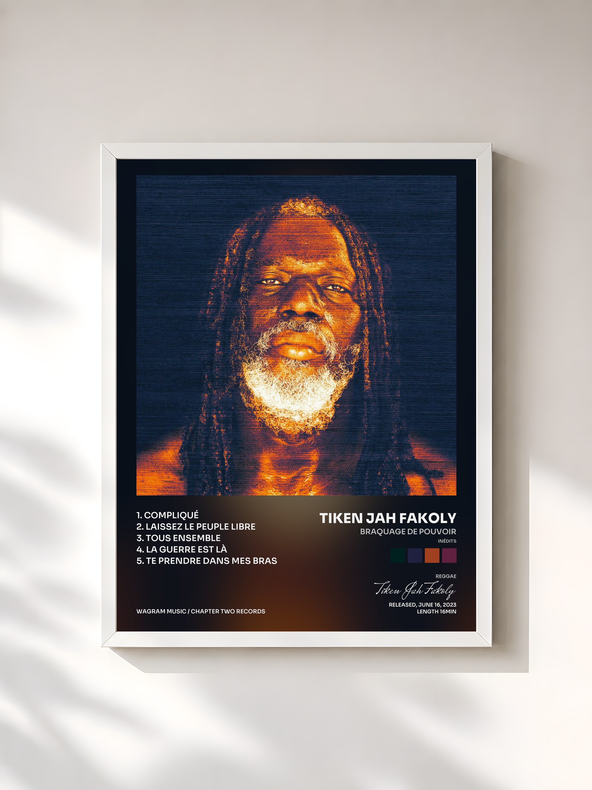 #blanc Tableau de l'album Braquage de pouvoir (Inédits) de Tiken Jah Fakoly, cadre blanc, imprimé et encadré en France