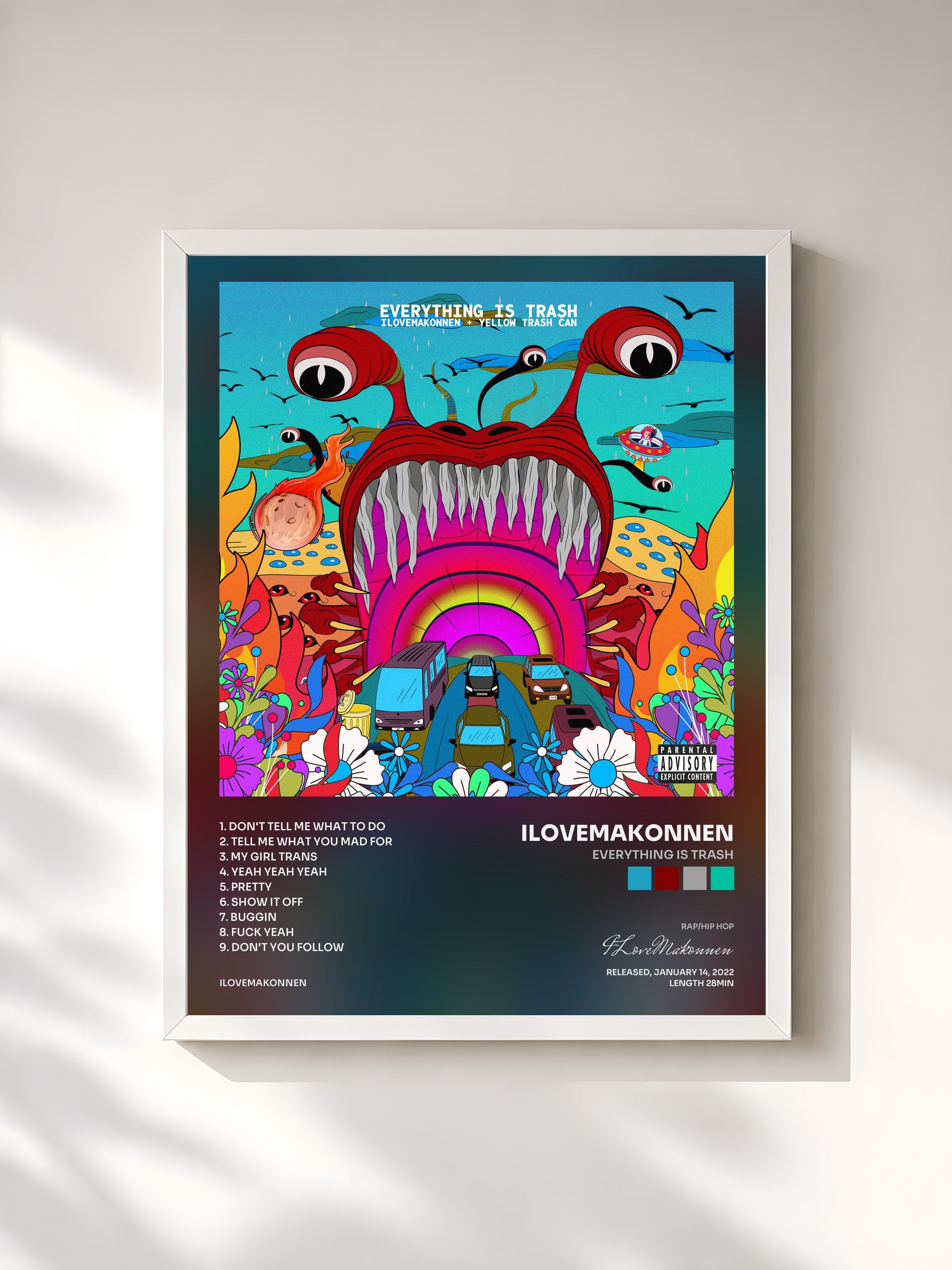 #blanc Tableau de l'album Everything Is Trash de ILoveMakonnen, cadre blanc, imprimé et encadré en France