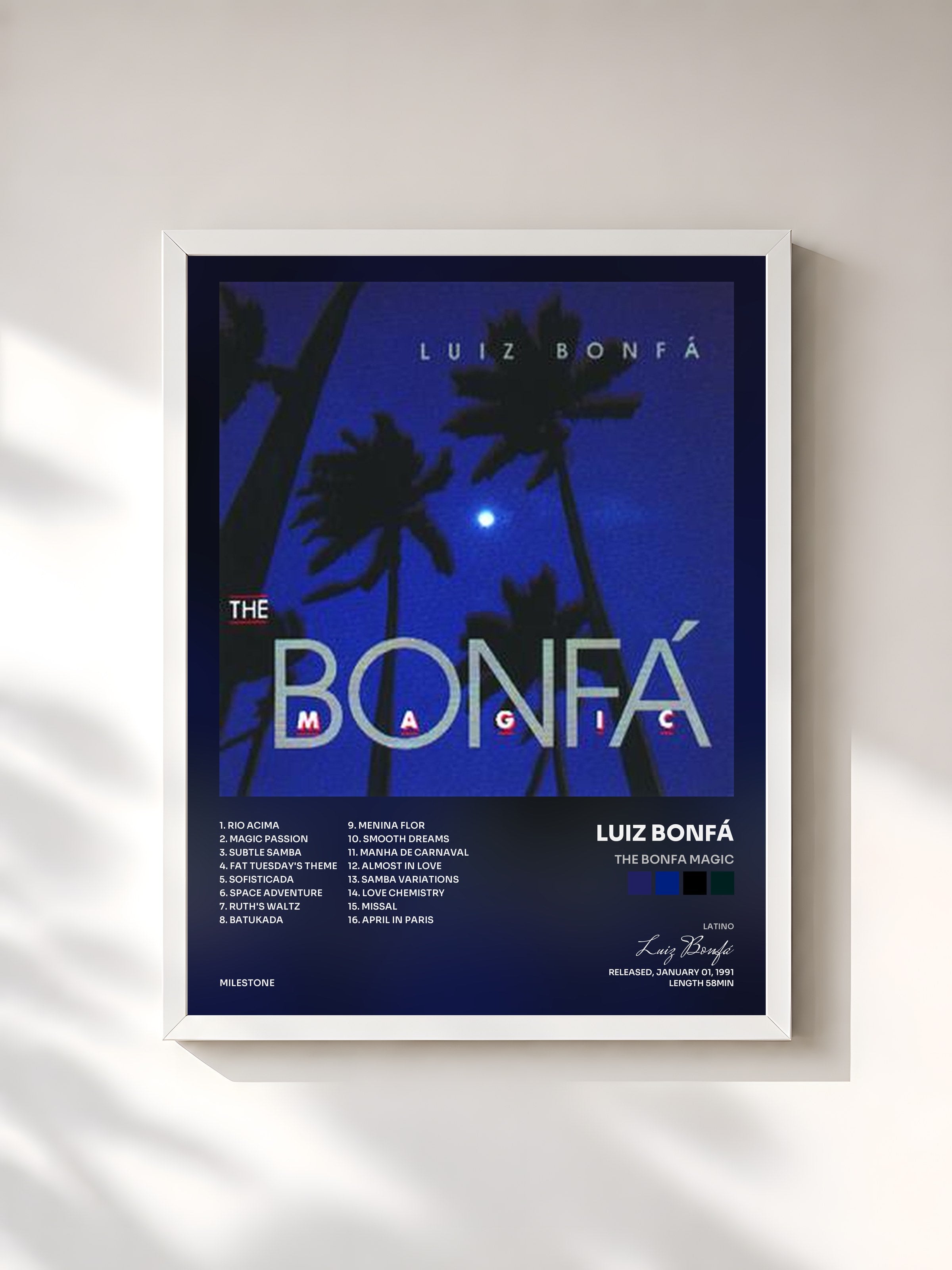 #blanc Tableau de l'album The Bonfa Magic de Luiz Bonfá, cadre blanc, imprimé et encadré en France