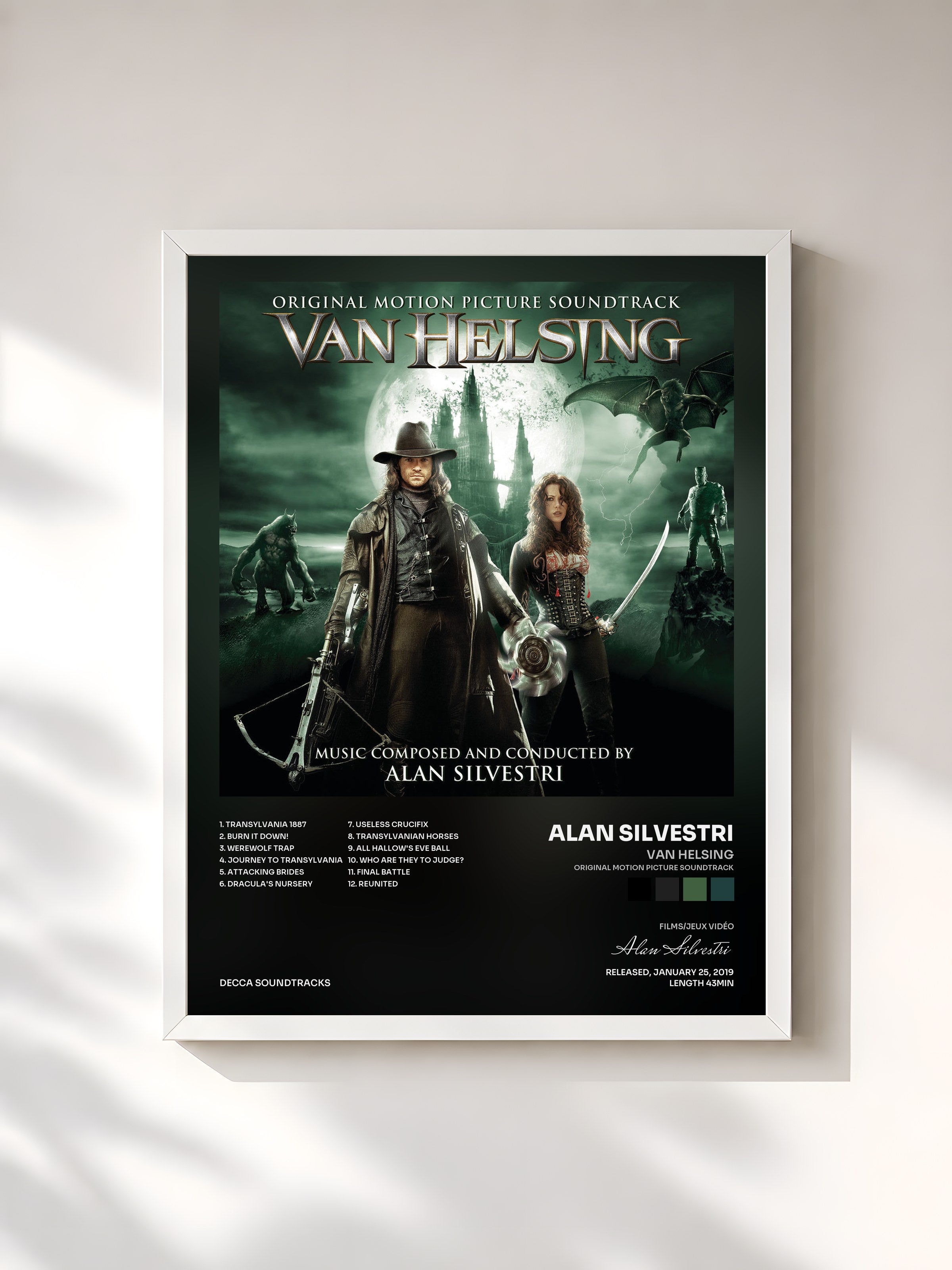 #blanc Tableau de l'album Van Helsing (Original Motion Picture Soundtrack) de Alan Silvestri, cadre blanc, imprimé et encadré en France