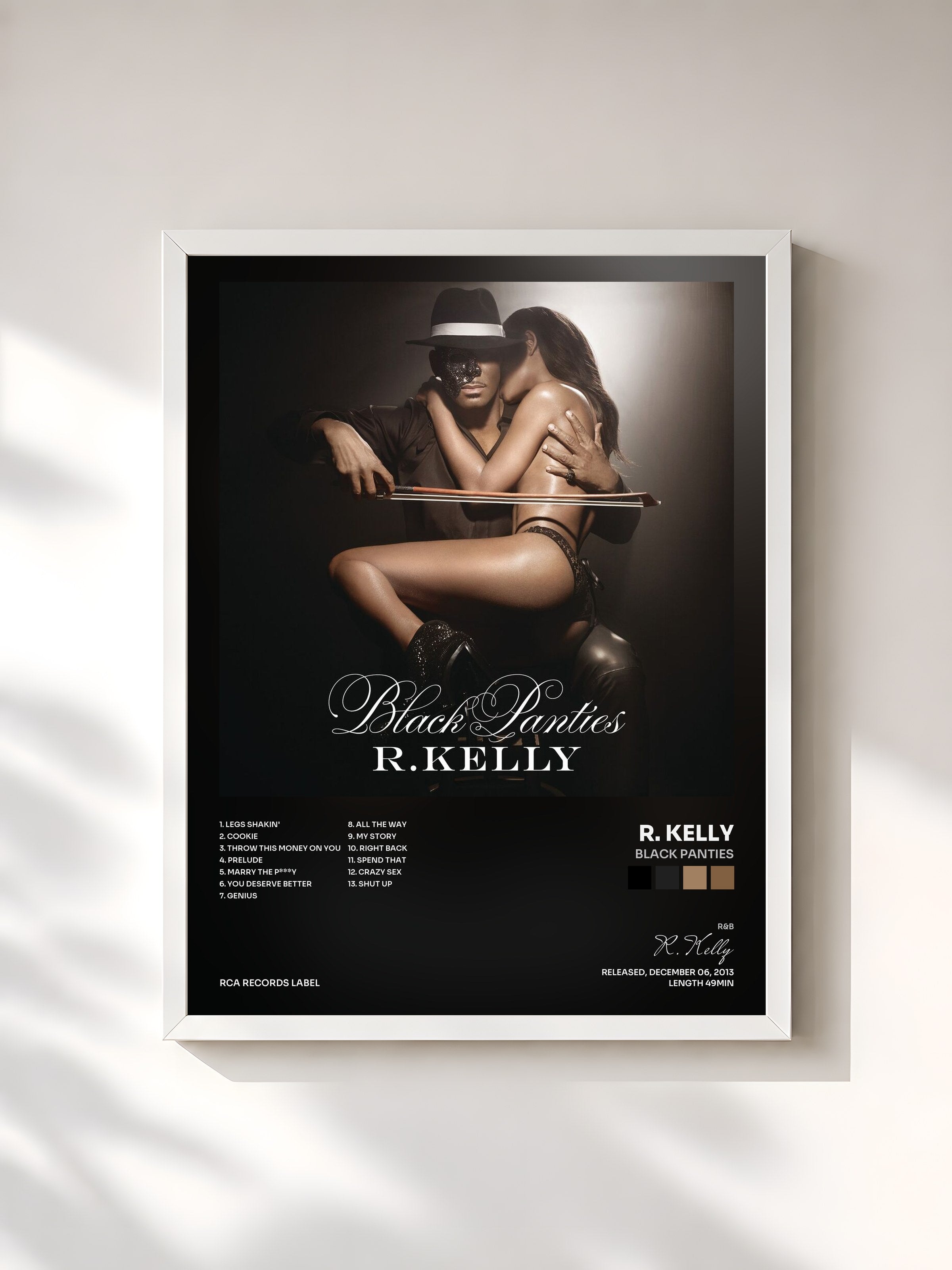 #blanc Tableau de l'album Black Panties de R. Kelly, cadre blanc, imprimé et encadré en France