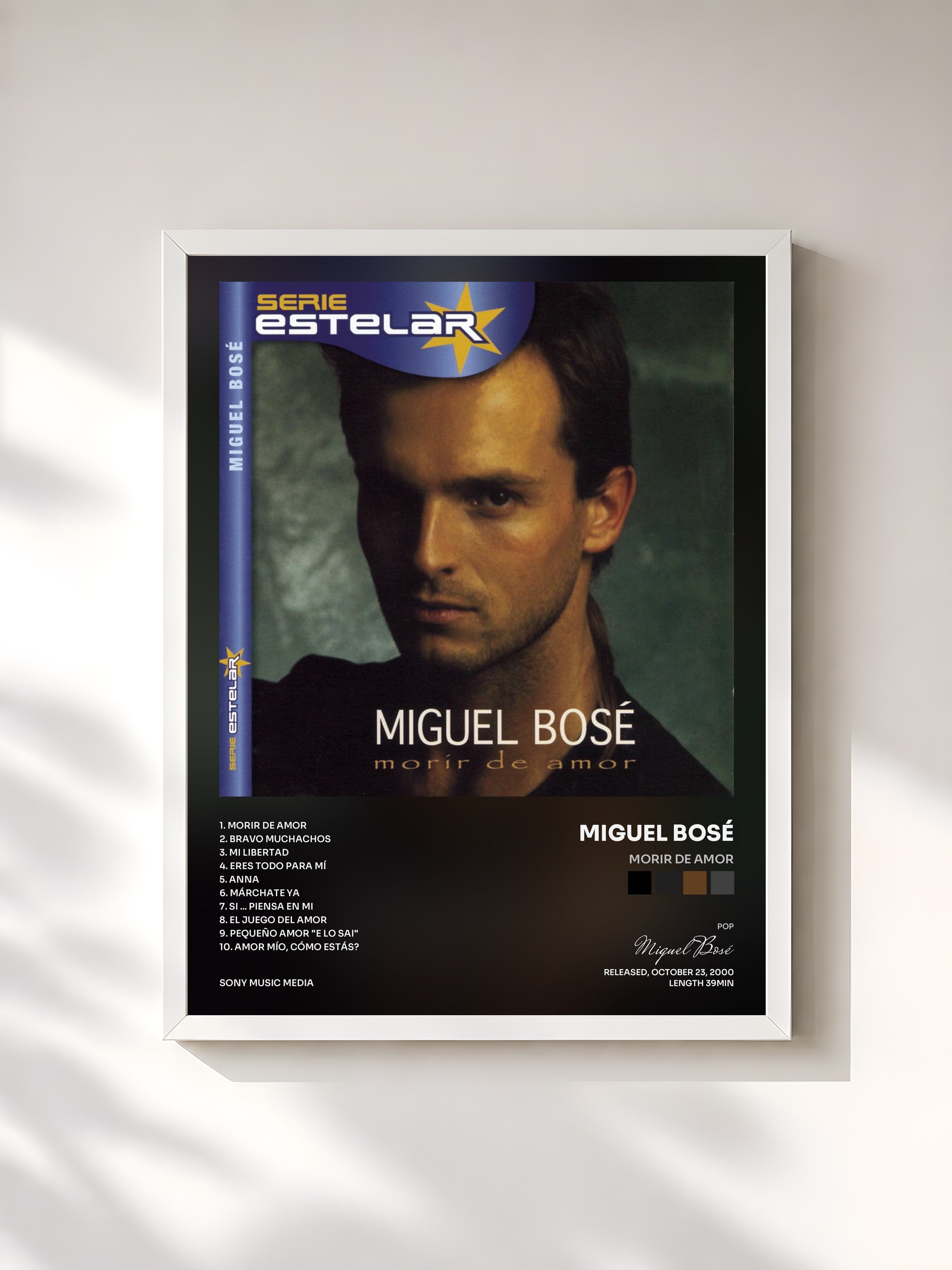 #blanc Tableau de l'album Morir De Amor de Miguel Bosé, cadre blanc, imprimé et encadré en France