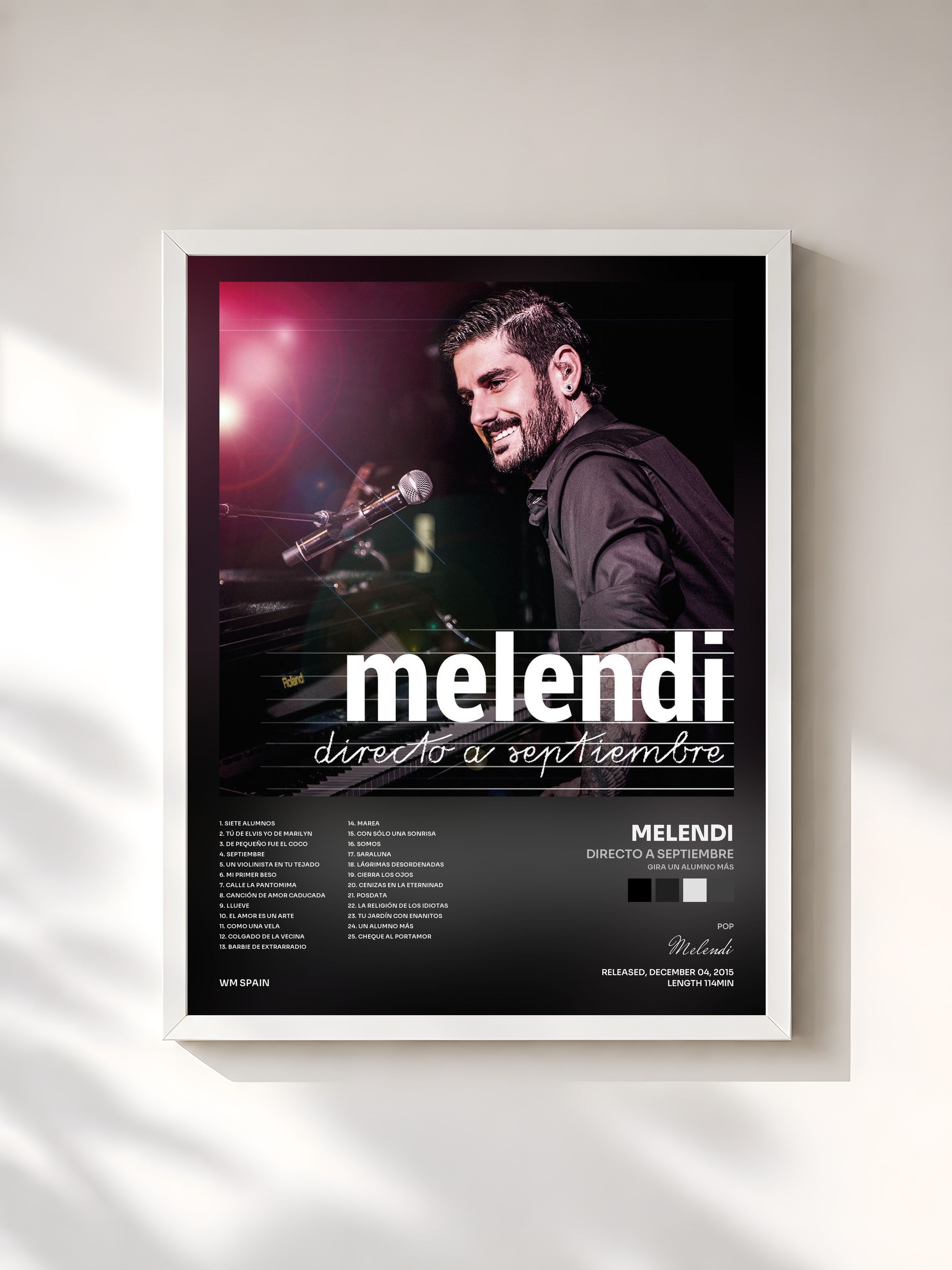 #blanc Tableau de l'album Directo a Septiembre (Gira Un Alumno Más) de Melendi, cadre blanc, imprimé et encadré en France