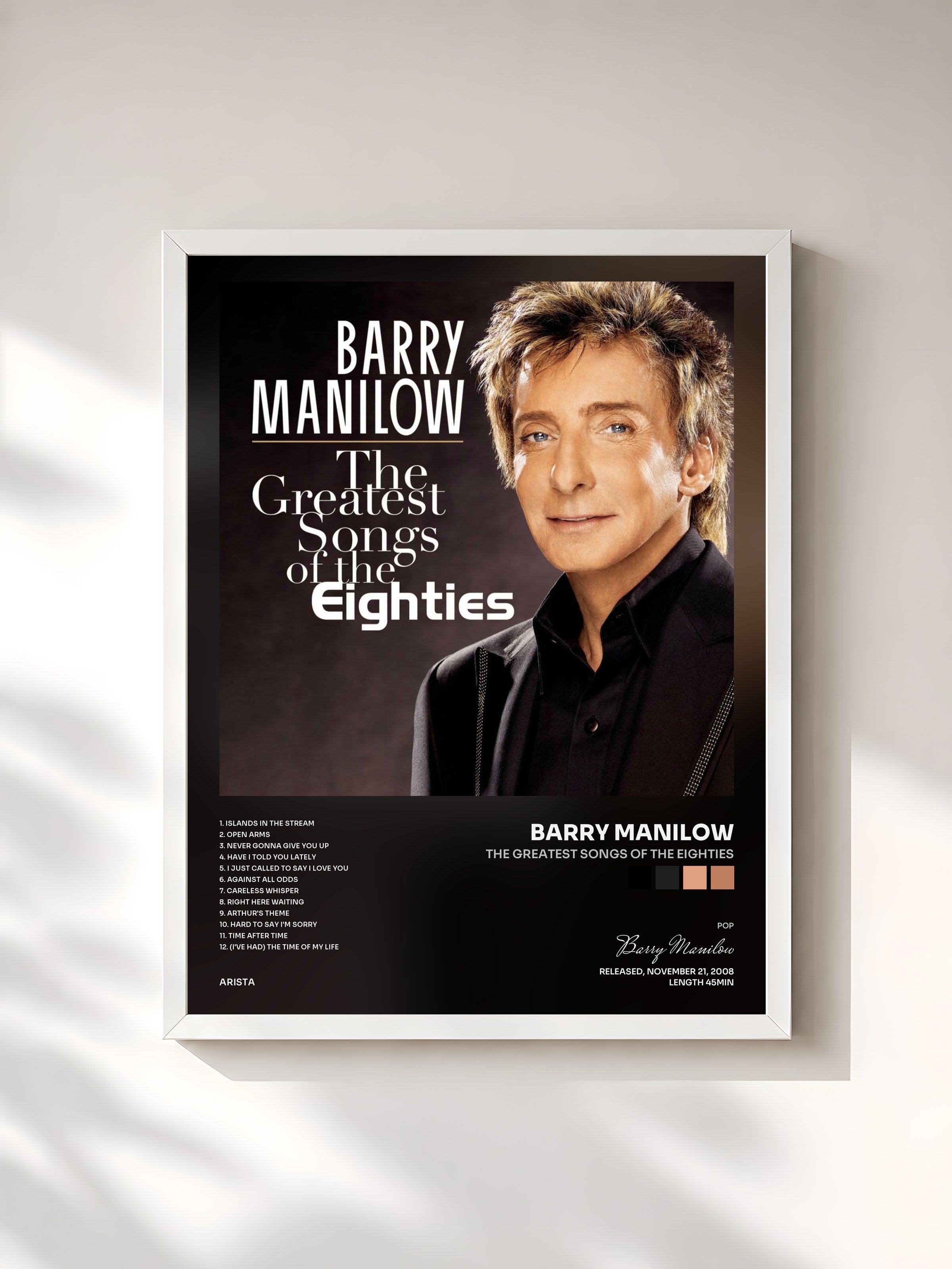 #blanc Tableau de l'album The Greatest Songs Of The Eighties de Barry Manilow, cadre blanc, imprimé et encadré en France