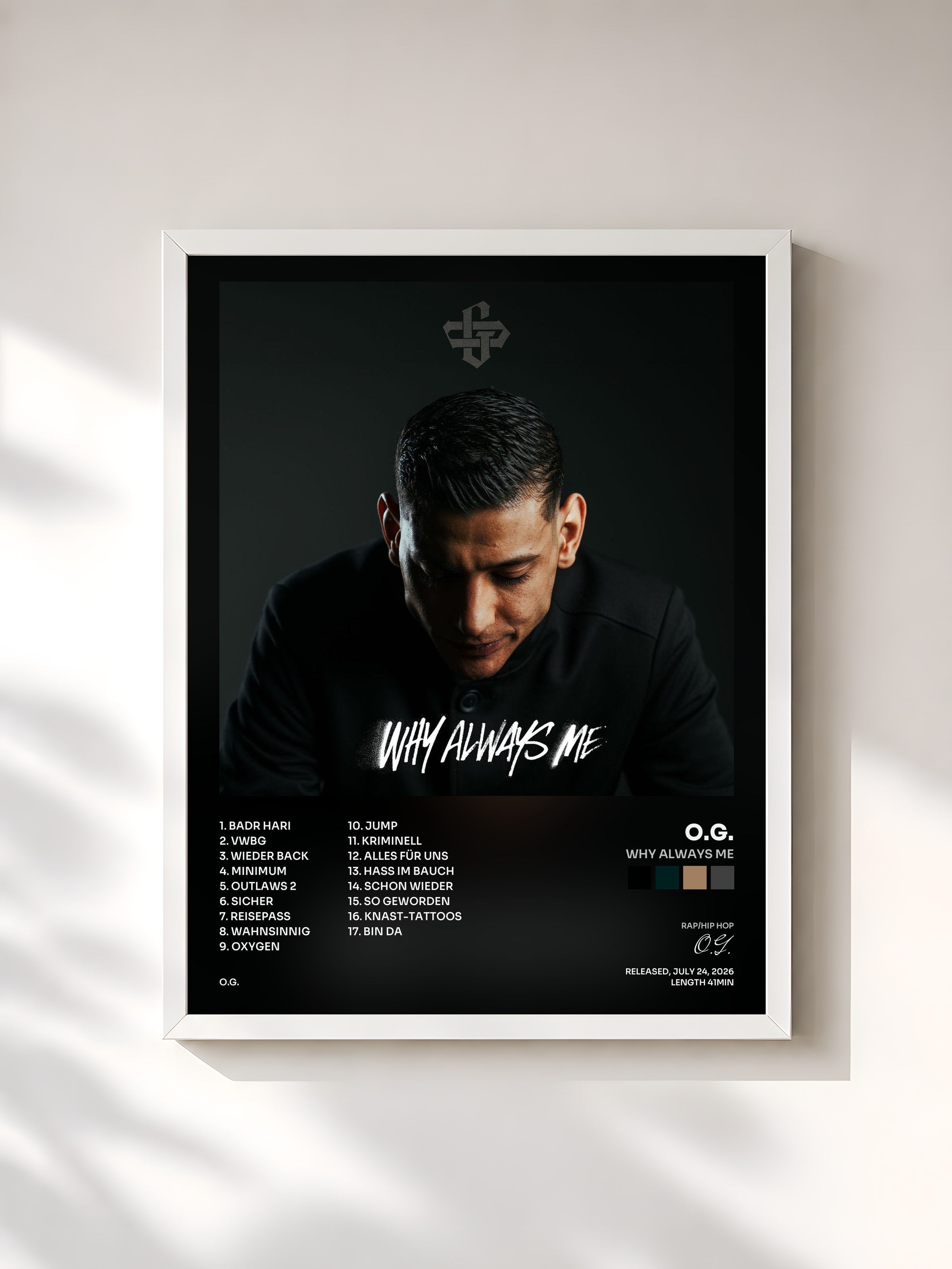 #blanc Tableau de l'album WHY ALWAYS ME de O.G., cadre blanc, imprimé et encadré en France