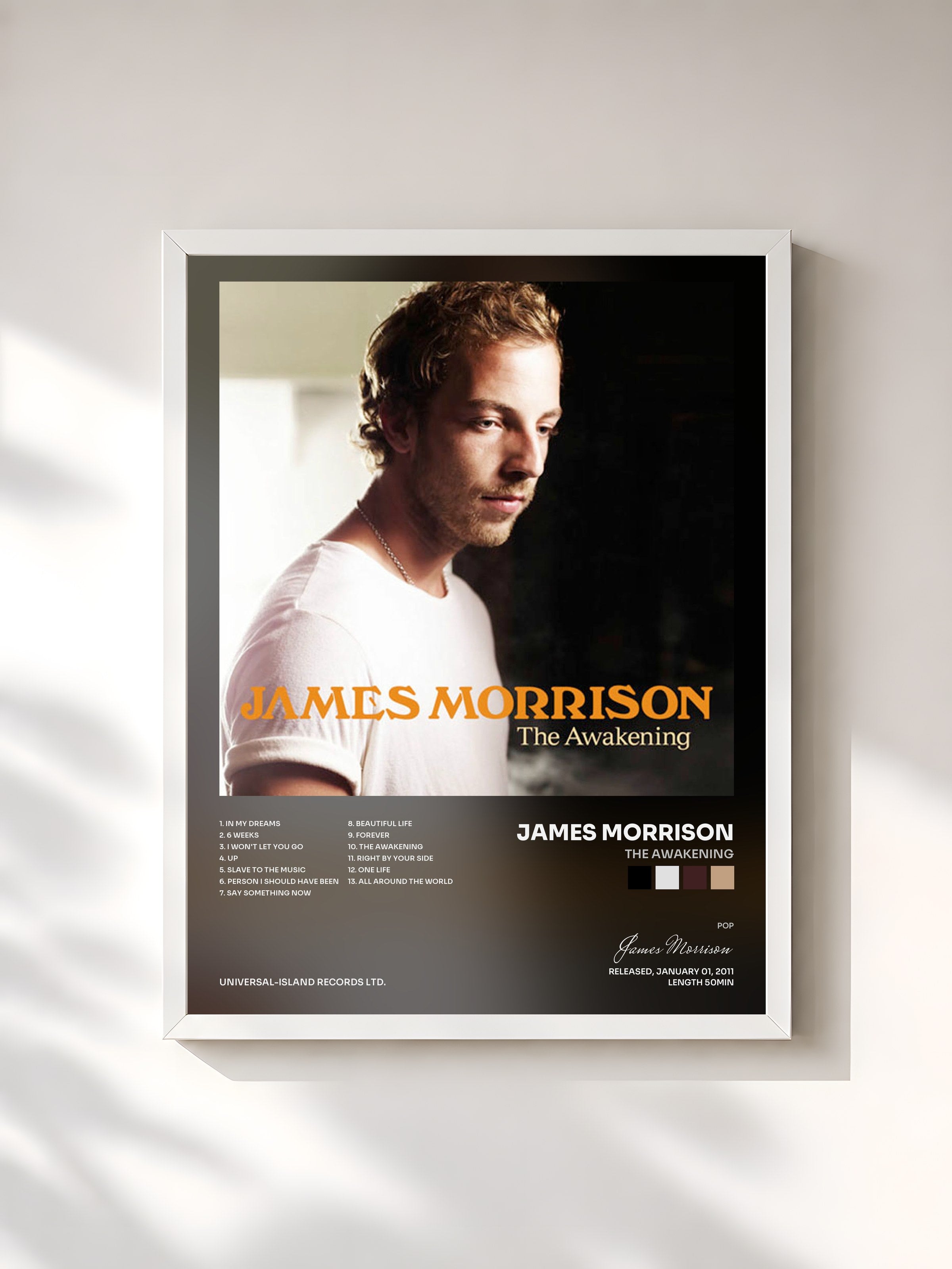 #blanc Tableau de l'album The Awakening de James Morrison, cadre blanc, imprimé et encadré en France