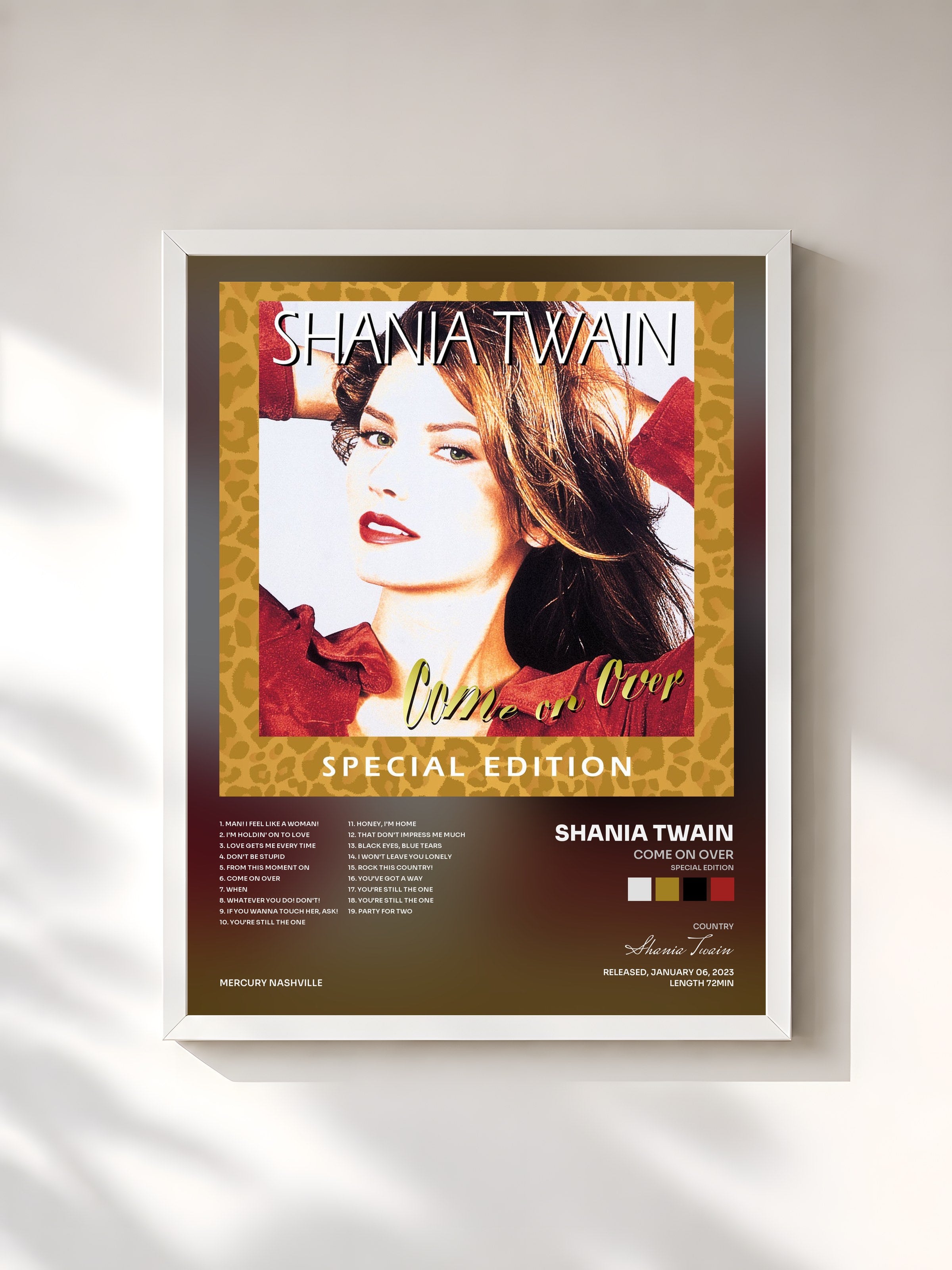 #blanc Tableau de l'album Come On Over (Special Edition) de Shania Twain, cadre blanc, imprimé et encadré en France