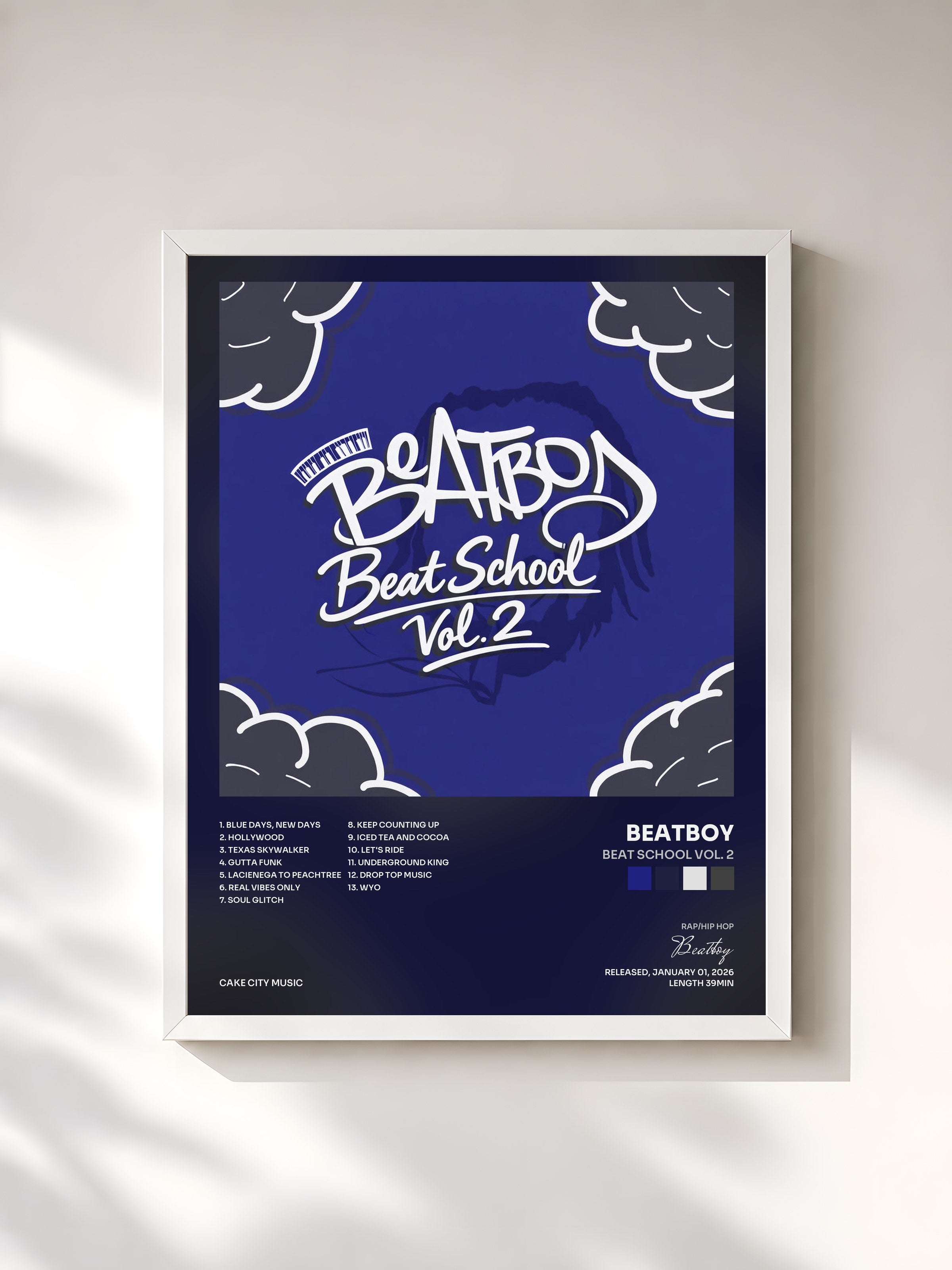 #blanc Tableau de l'album Beat School Vol. 2 de Beatboy, cadre blanc, imprimé et encadré en France