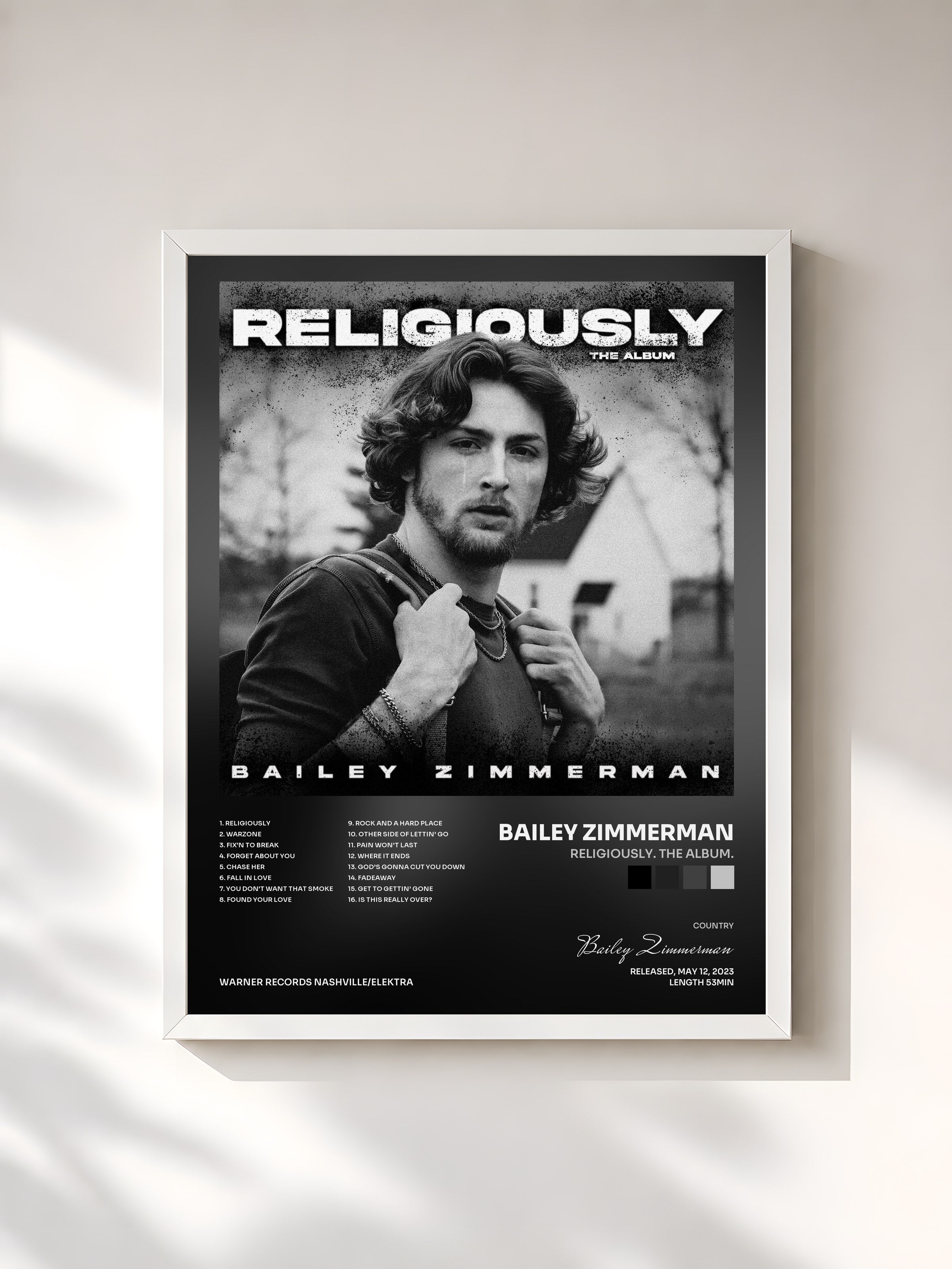 #blanc Tableau de l'album Religiously. The Album. de Bailey Zimmerman, cadre blanc, imprimé et encadré en France