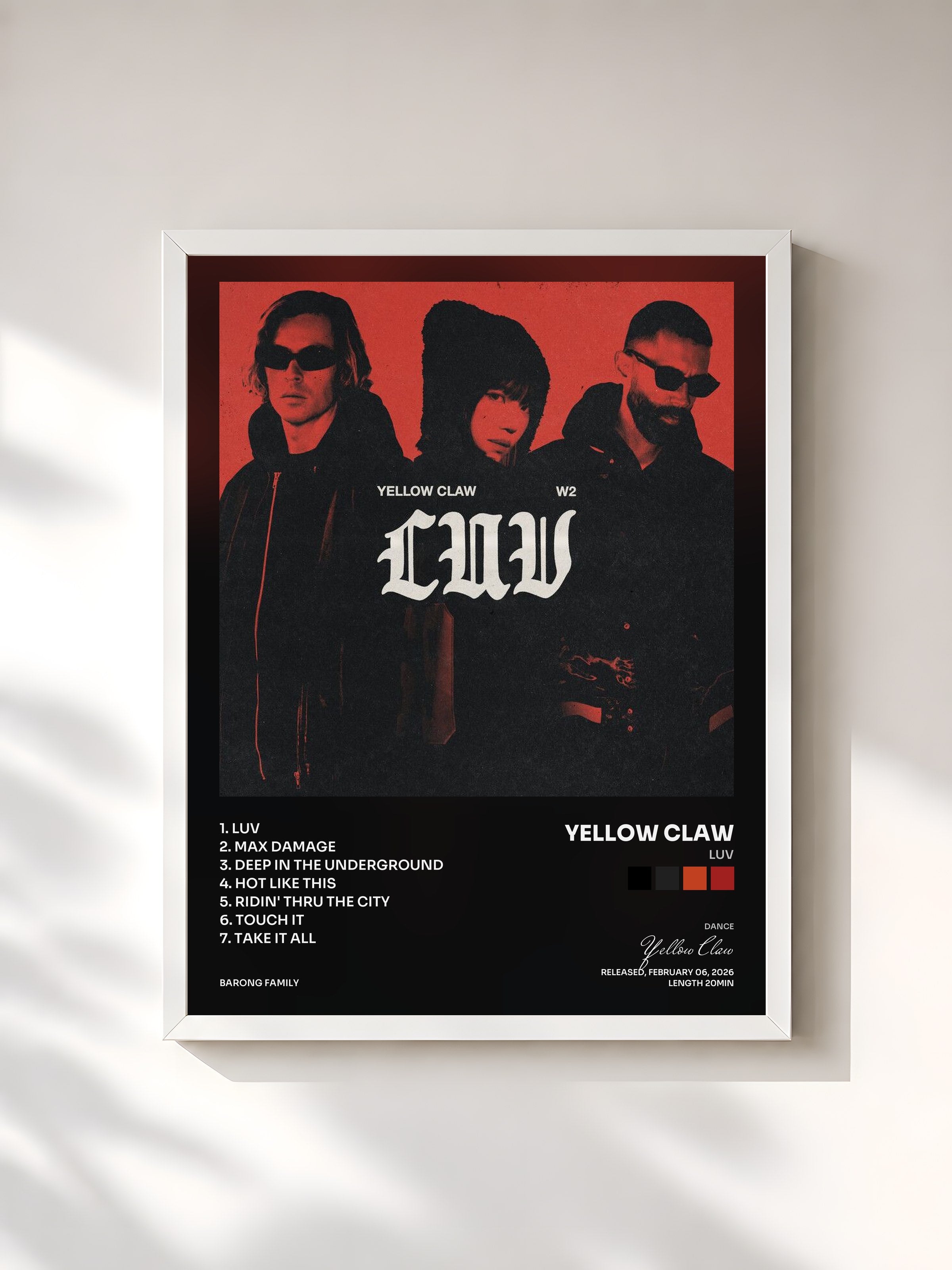 #blanc Tableau de l'album LUV de Yellow Claw, cadre blanc, imprimé et encadré en France