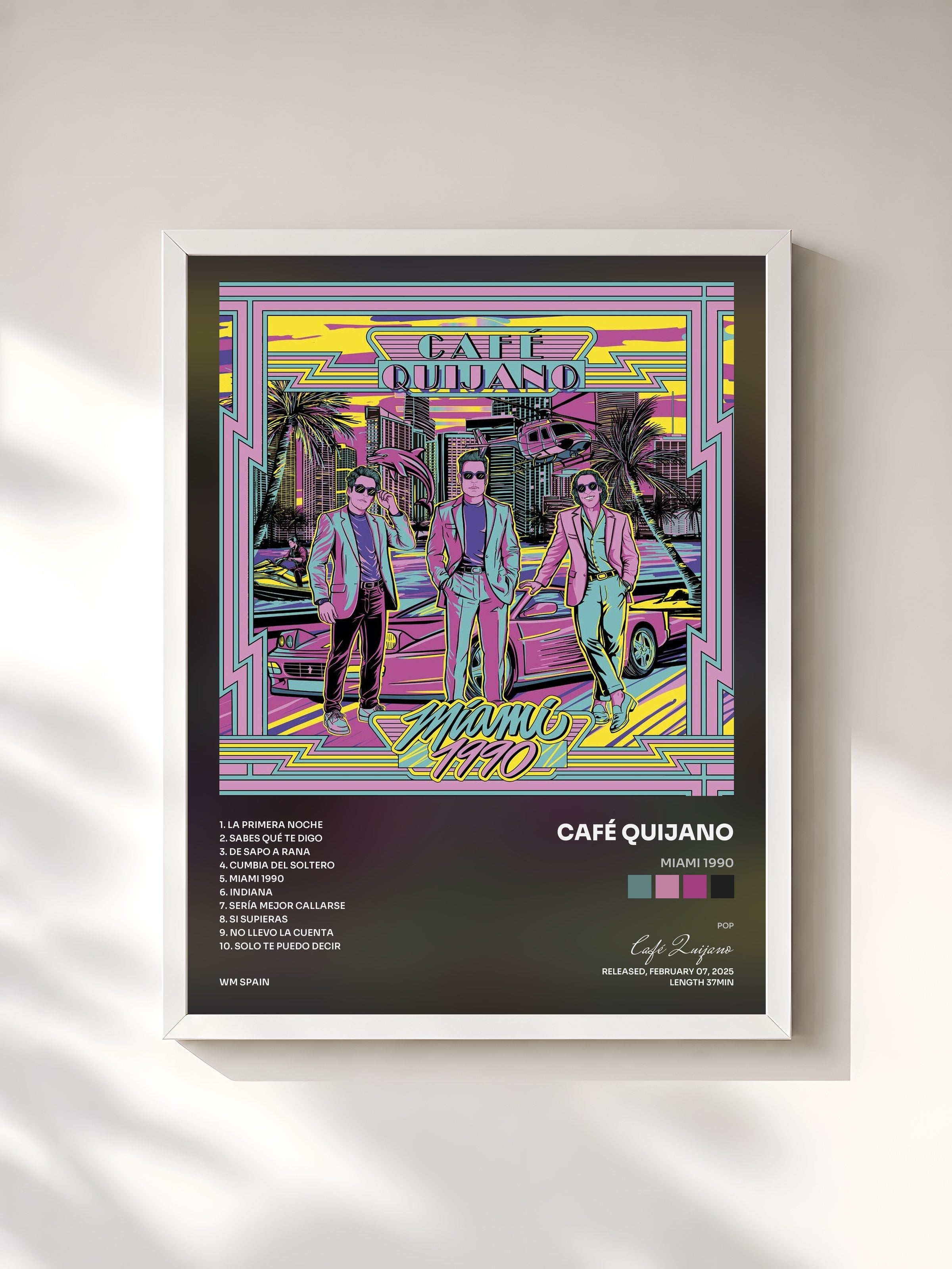 #blanc Tableau de l'album Miami 1990 de Café Quijano, cadre blanc, imprimé et encadré en France