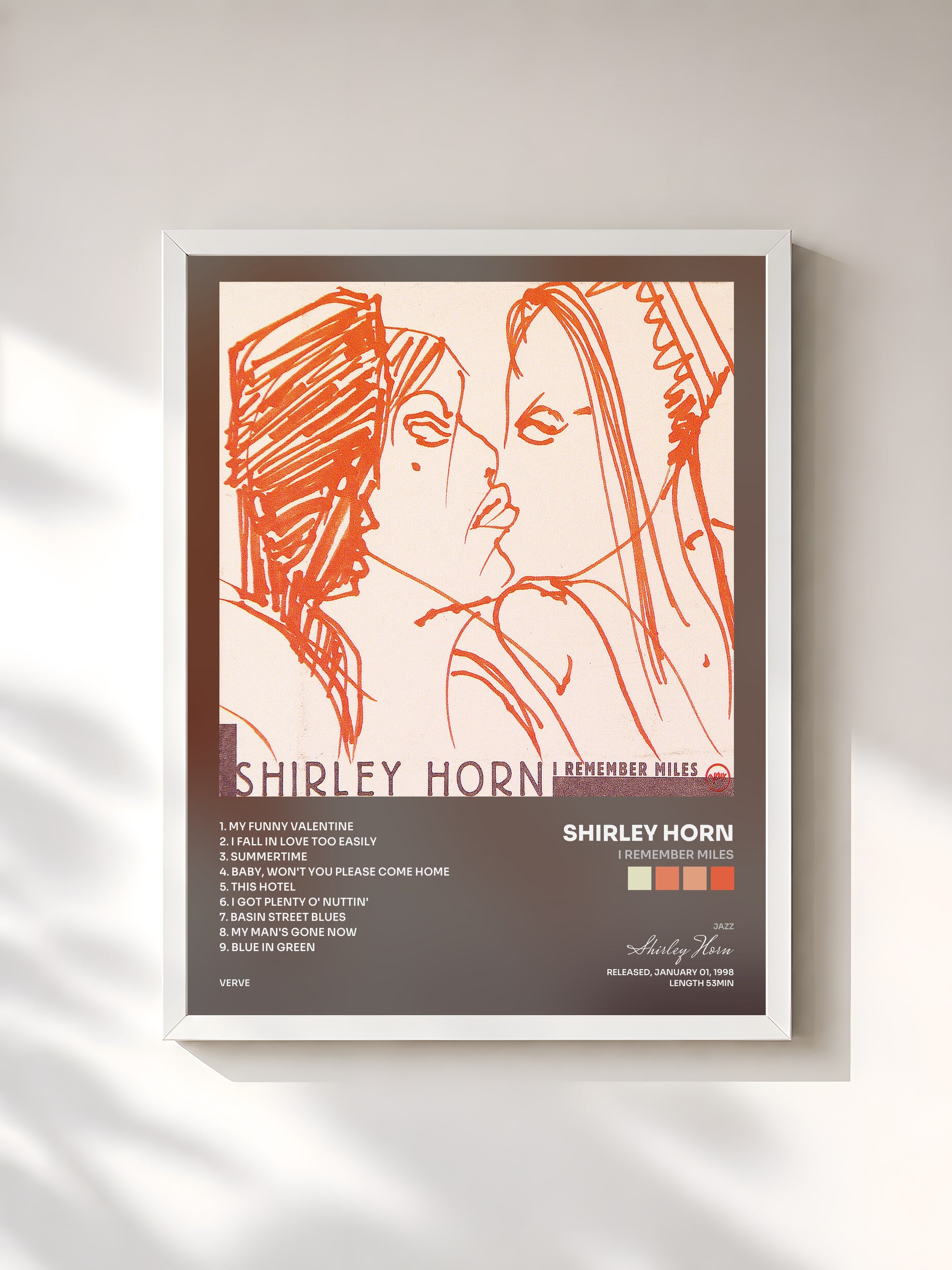 #blanc Tableau de l'album I Remember Miles de Shirley Horn, cadre blanc, imprimé et encadré en France