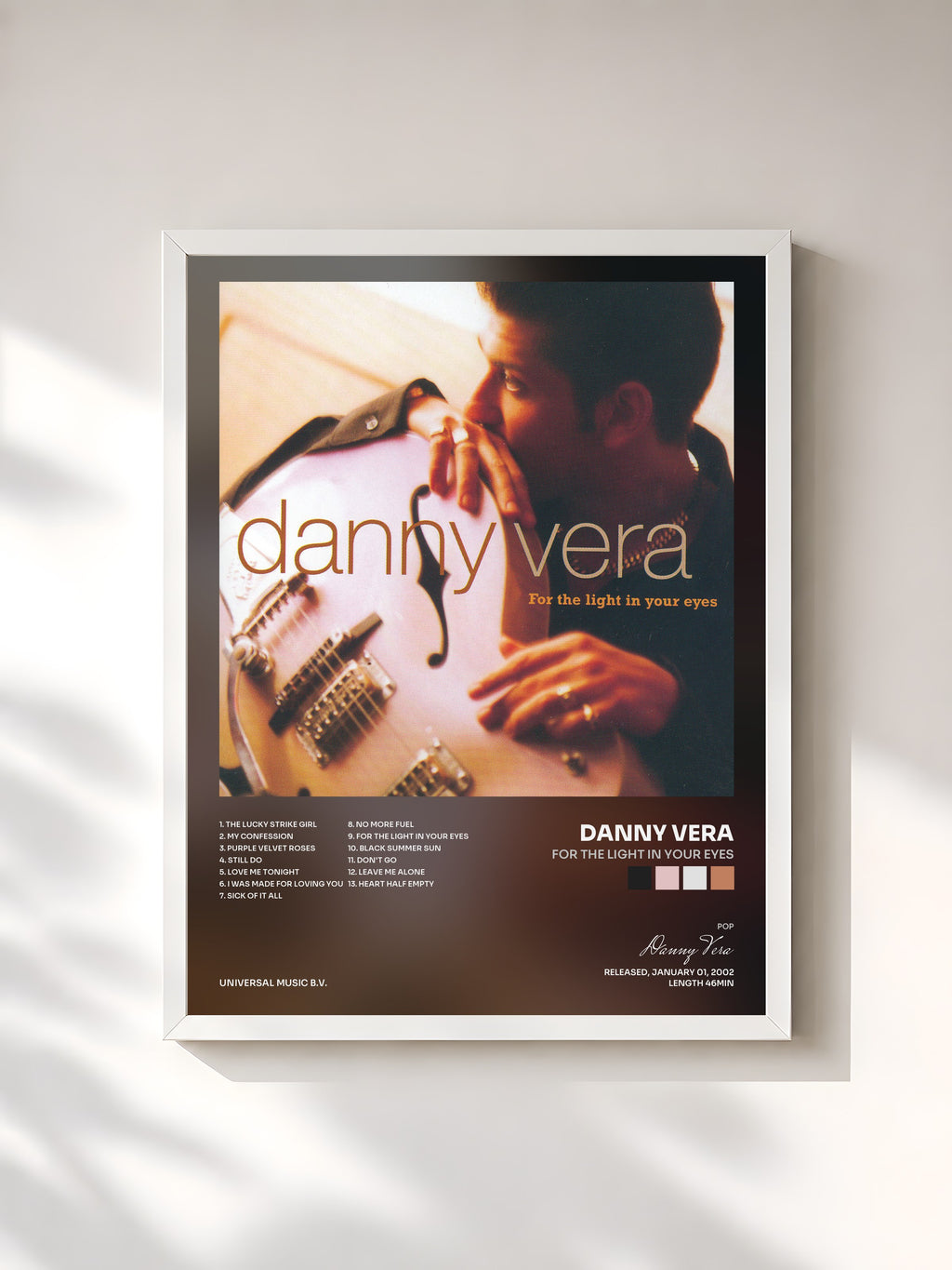 #blanc Tableau de l'album For The Light In Your Eyes de Danny Vera, cadre blanc, imprimé et encadré en France