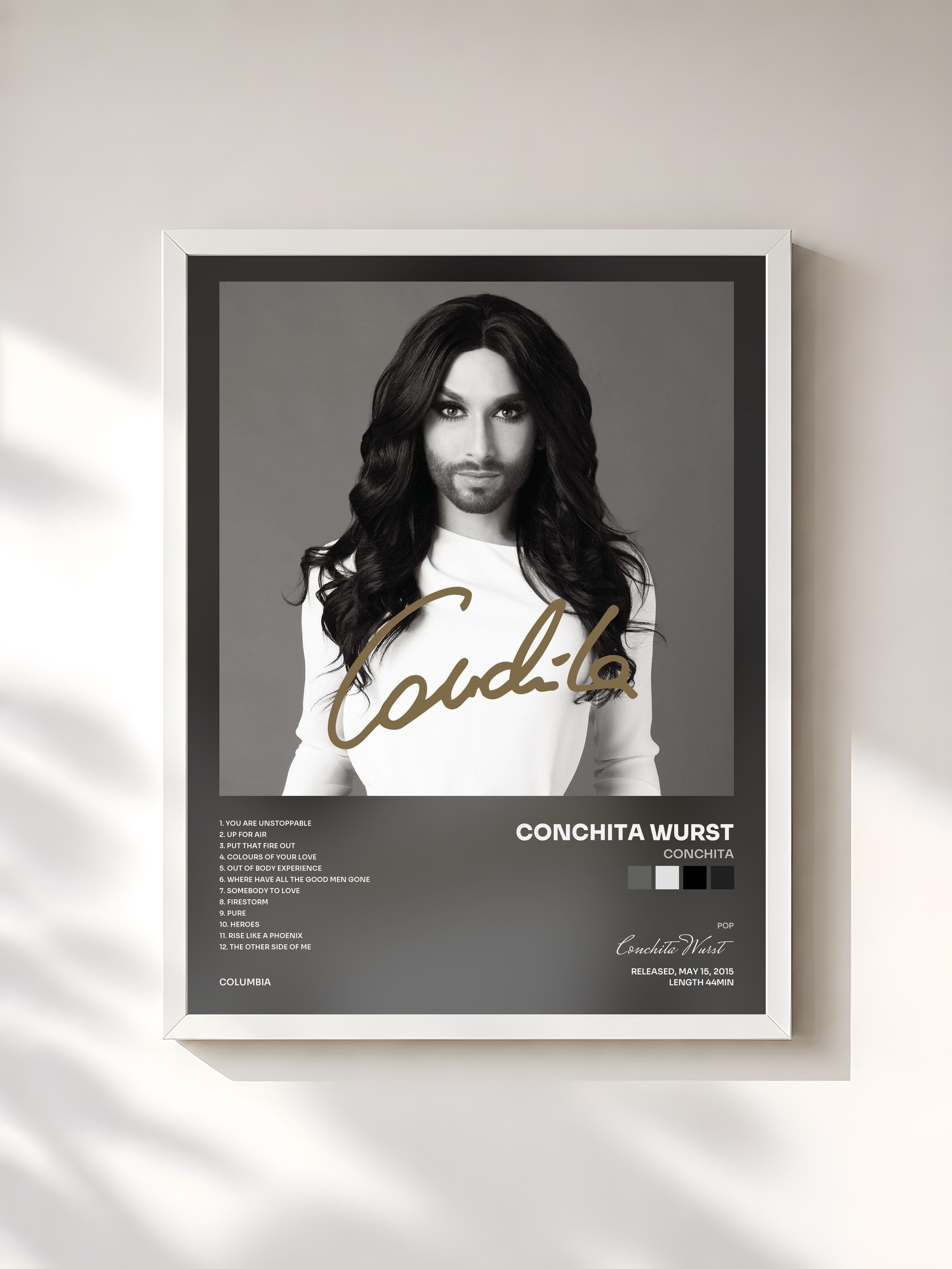 #blanc Tableau de l'album Conchita de Conchita Wurst, cadre blanc, imprimé et encadré en France