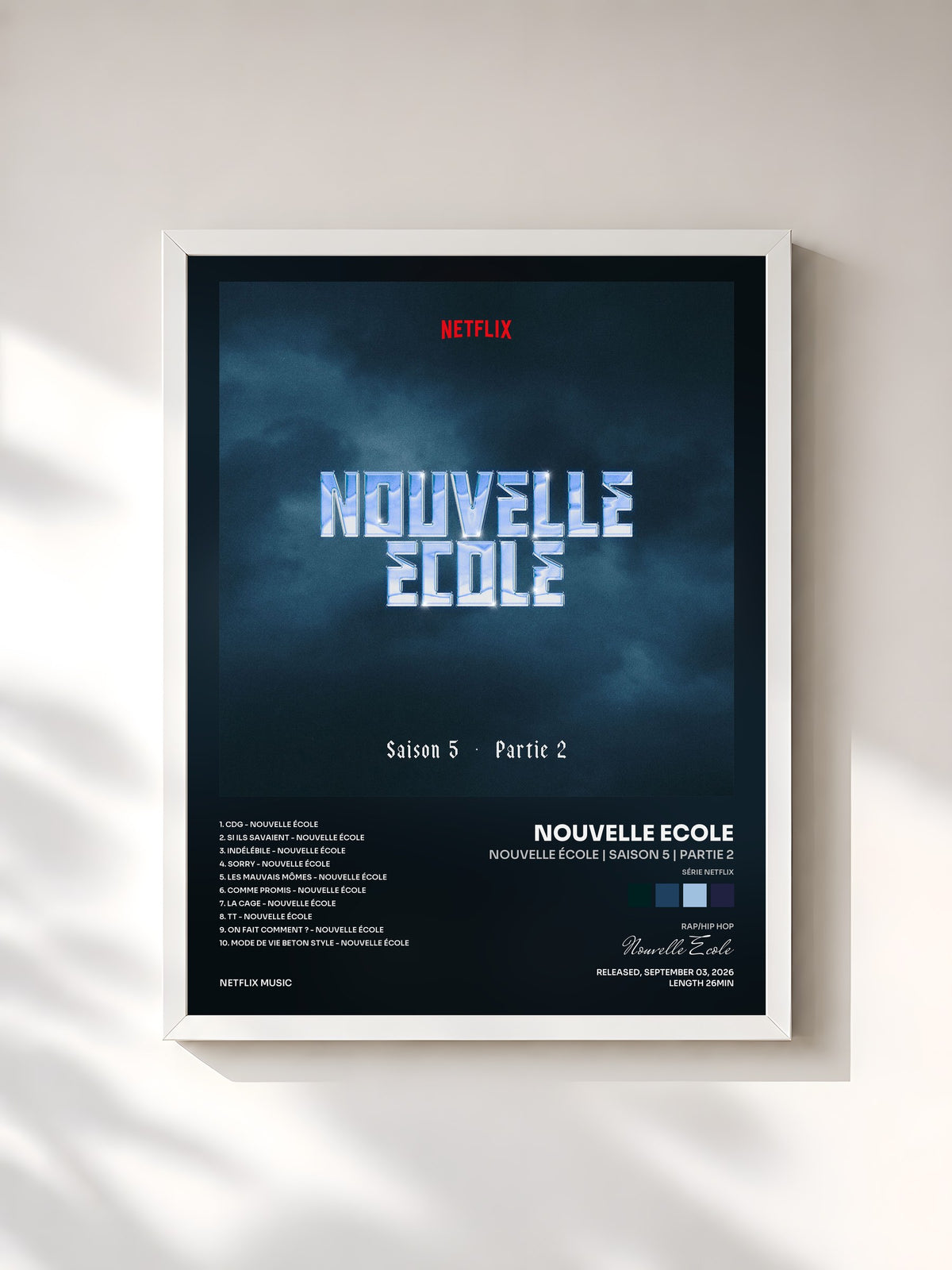 #blanc Tableau de l'album Nouvelle École | Saison 5 | Partie 2 (Série Netflix) de Nouvelle Ecole, cadre blanc, imprimé et encadré en France