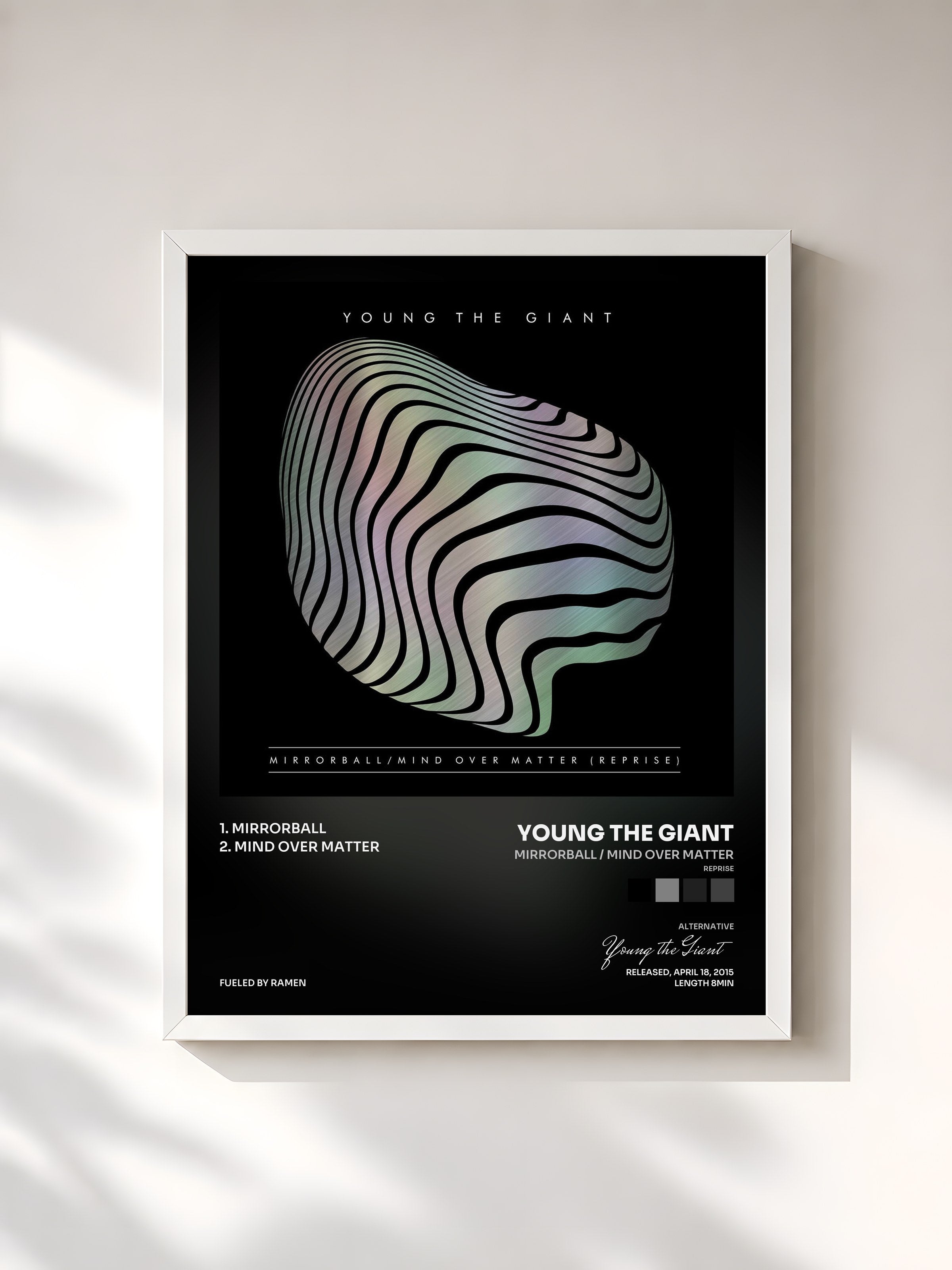 #blanc Tableau de l'album Mirrorball / Mind Over Matter (Reprise) de Young the Giant, cadre blanc, imprimé et encadré en France