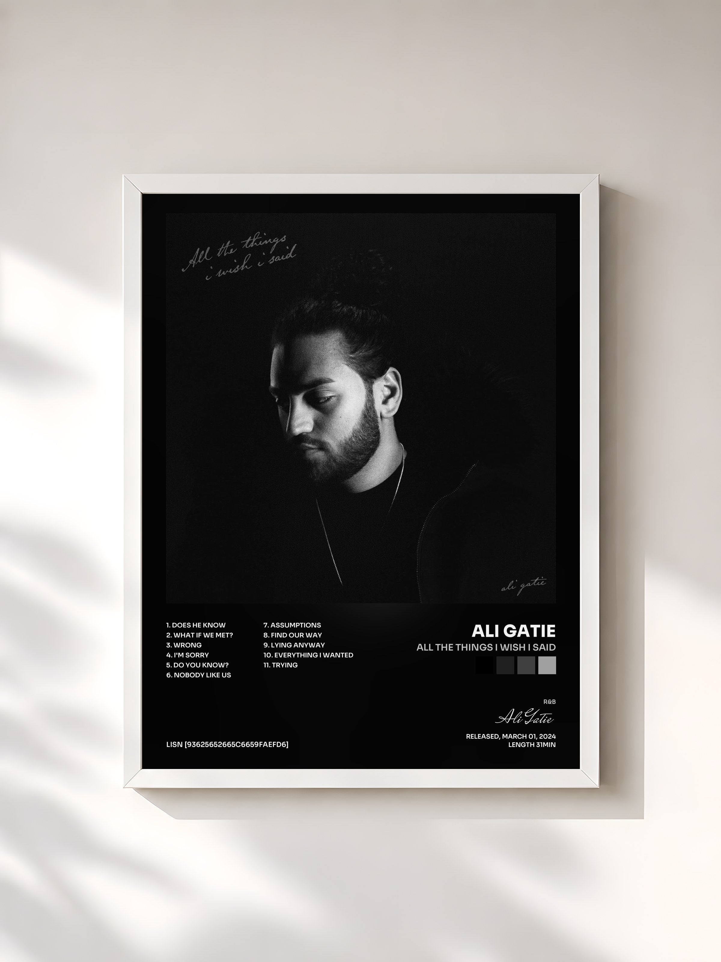#blanc Tableau de l'album all the things i wish i said de Ali Gatie, cadre blanc, imprimé et encadré en France