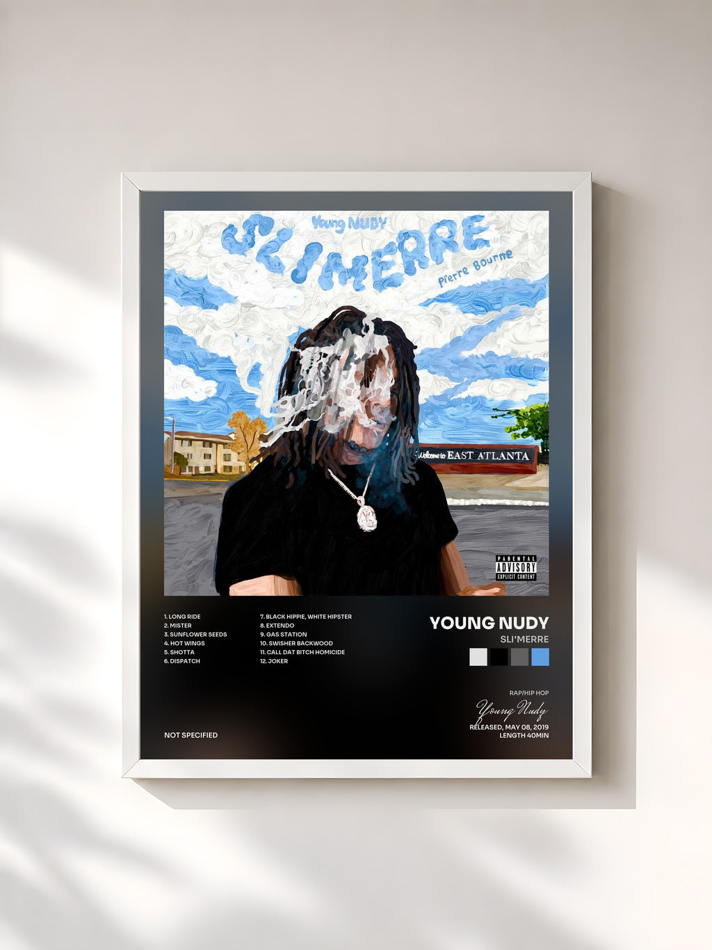 #blanc Tableau de l'album Sli'merre de Young Nudy, cadre blanc, imprimé et encadré en France
