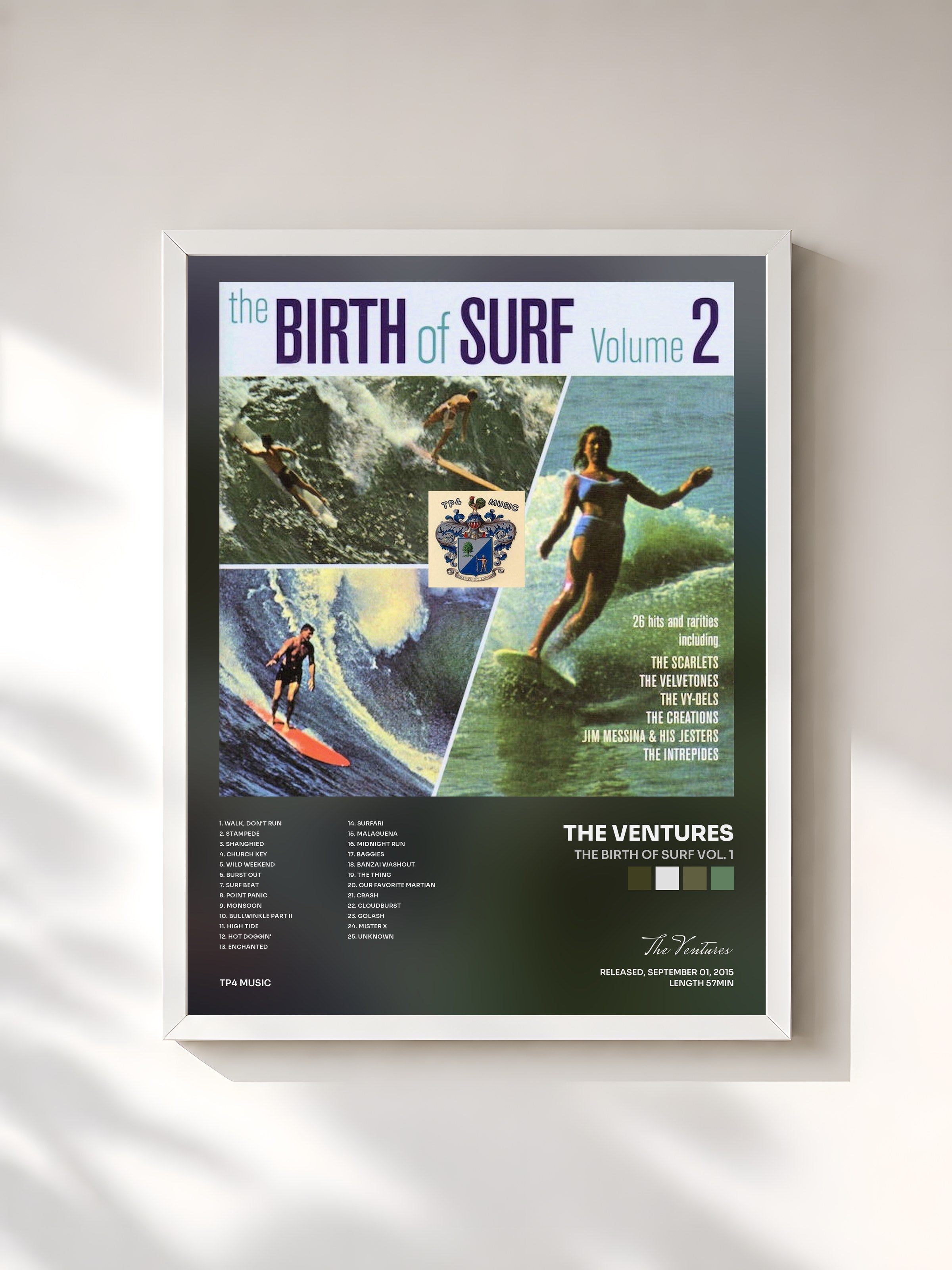 #blanc Tableau de l'album The Birth of Surf Vol. 1 de The Ventures, cadre blanc, imprimé et encadré en France