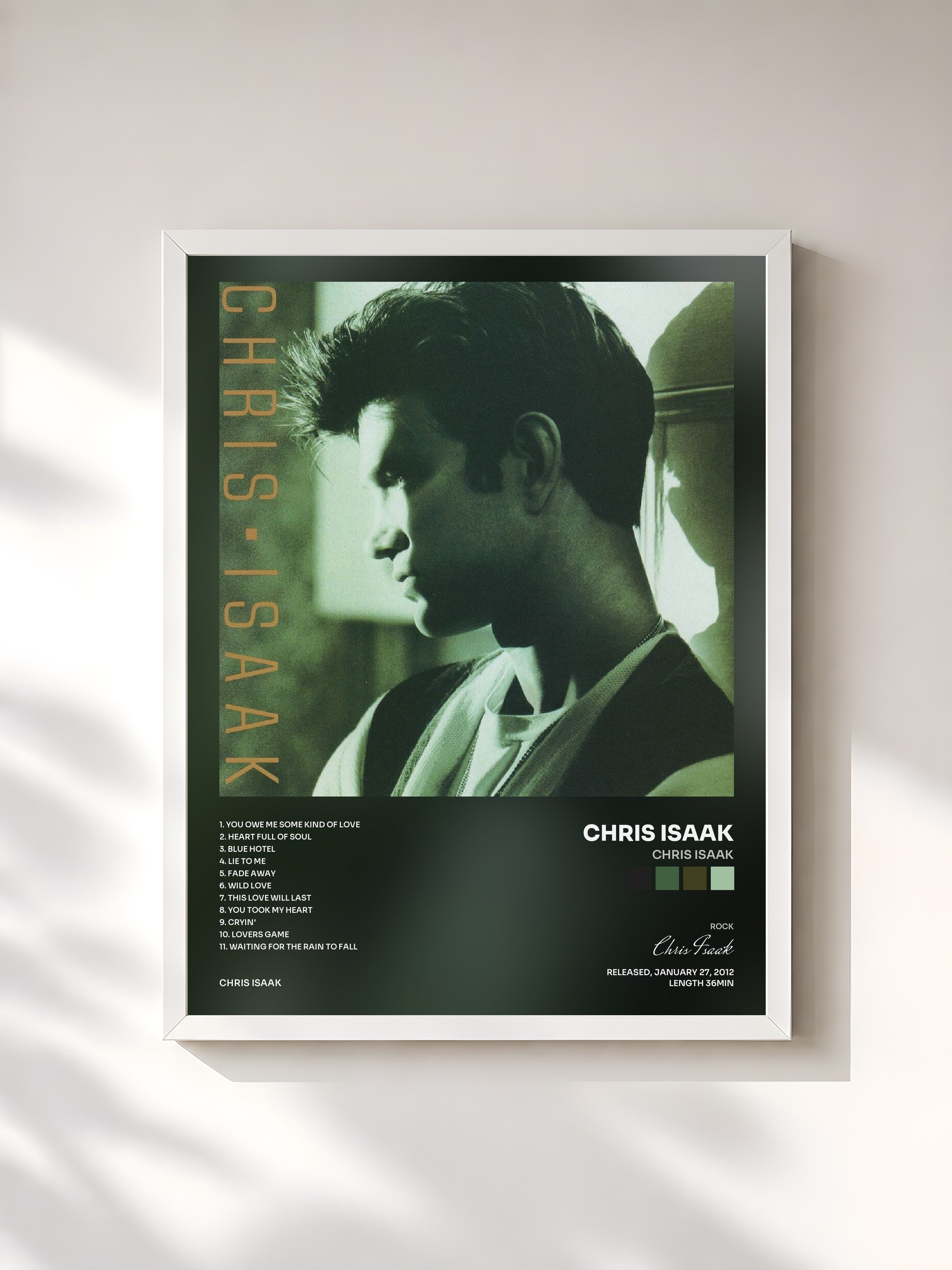 #blanc Tableau de l'album Chris Isaak de Chris Isaak, cadre blanc, imprimé et encadré en France