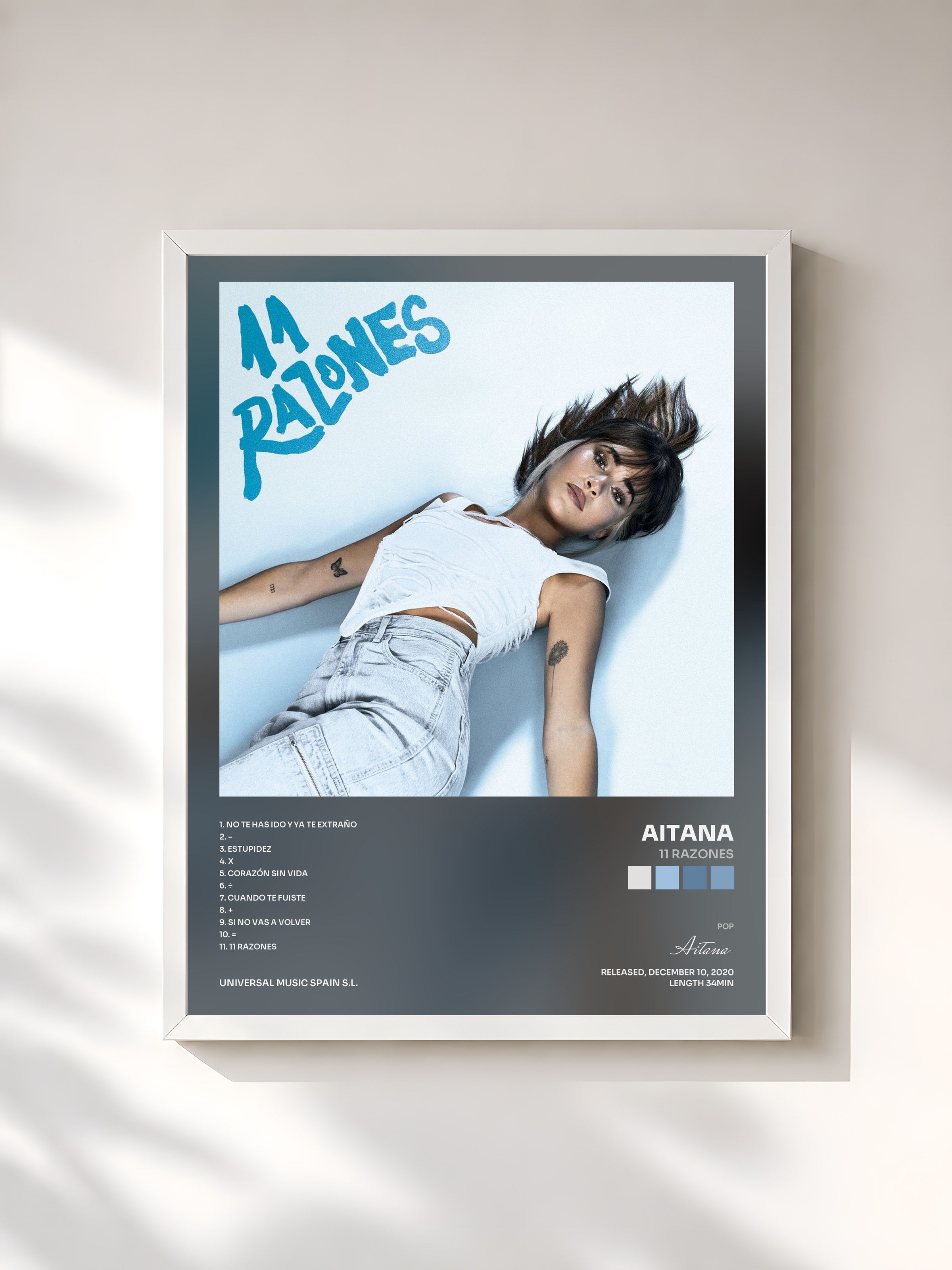 #blanc Tableau de l'album 11 RAZONES de Aitana, cadre blanc, imprimé et encadré en France