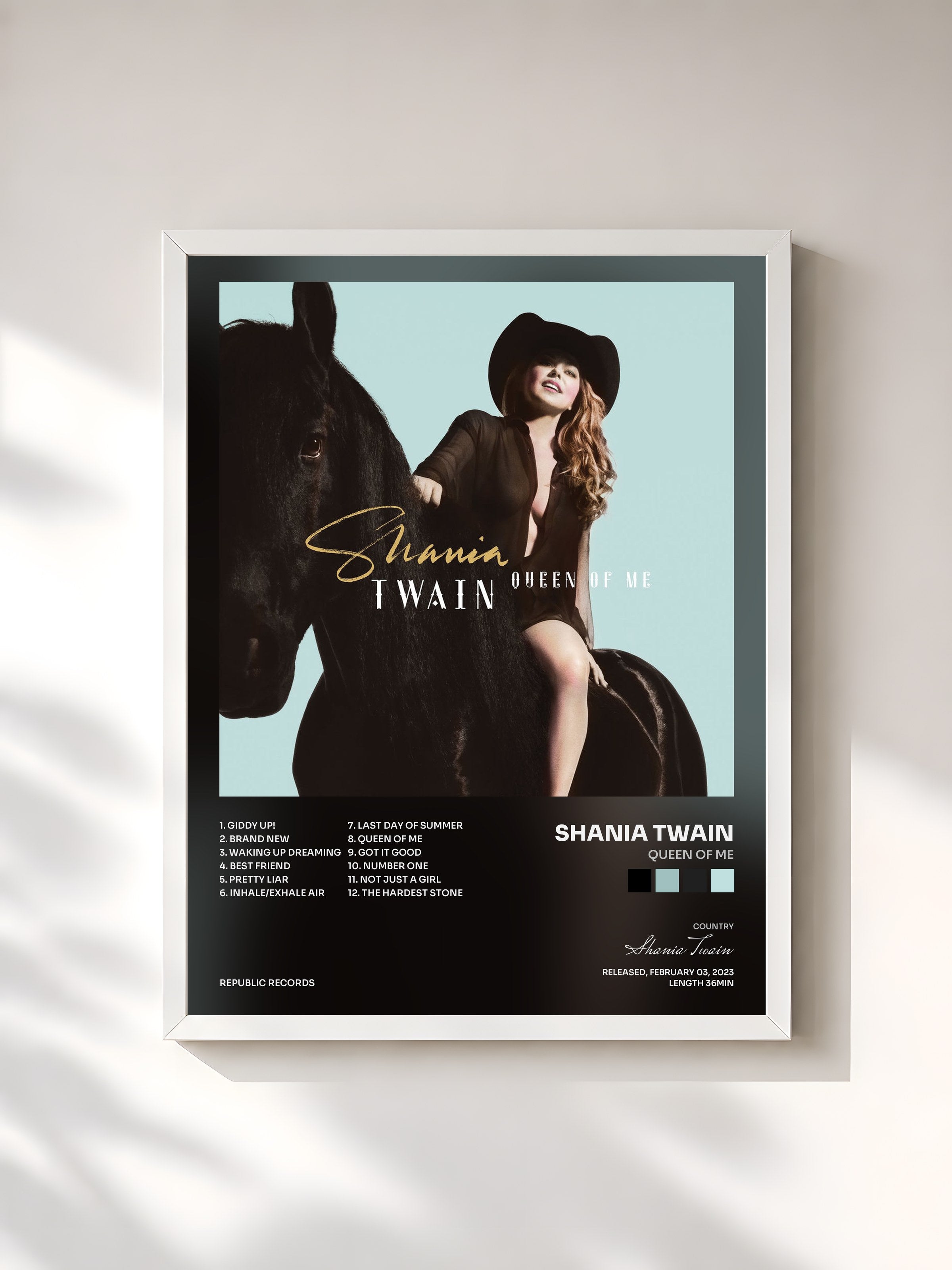 #blanc Tableau de l'album Queen Of Me de Shania Twain, cadre blanc, imprimé et encadré en France