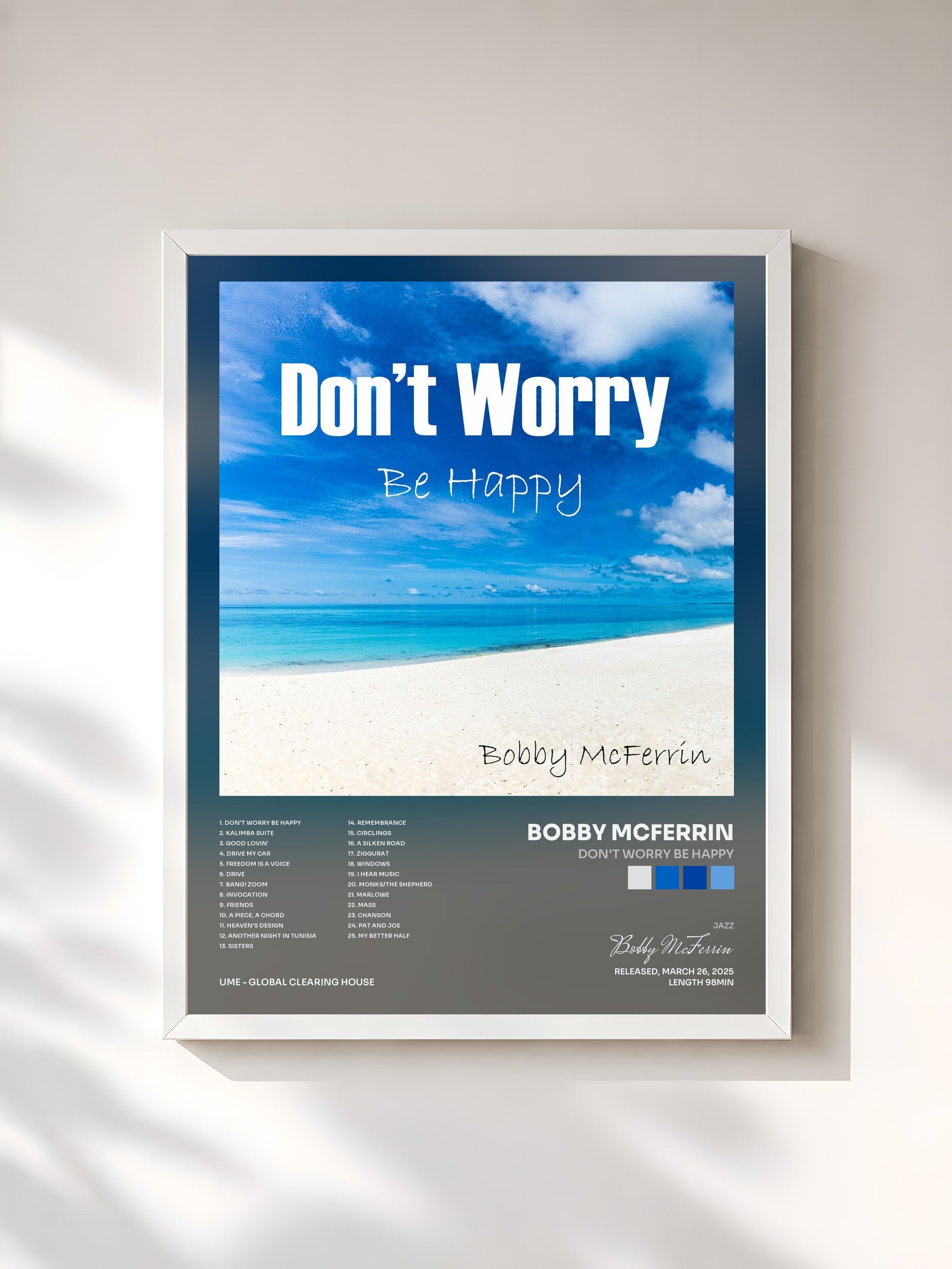 #blanc Tableau de l'album Don't Worry Be Happy de Bobby McFerrin, cadre blanc, imprimé et encadré en France